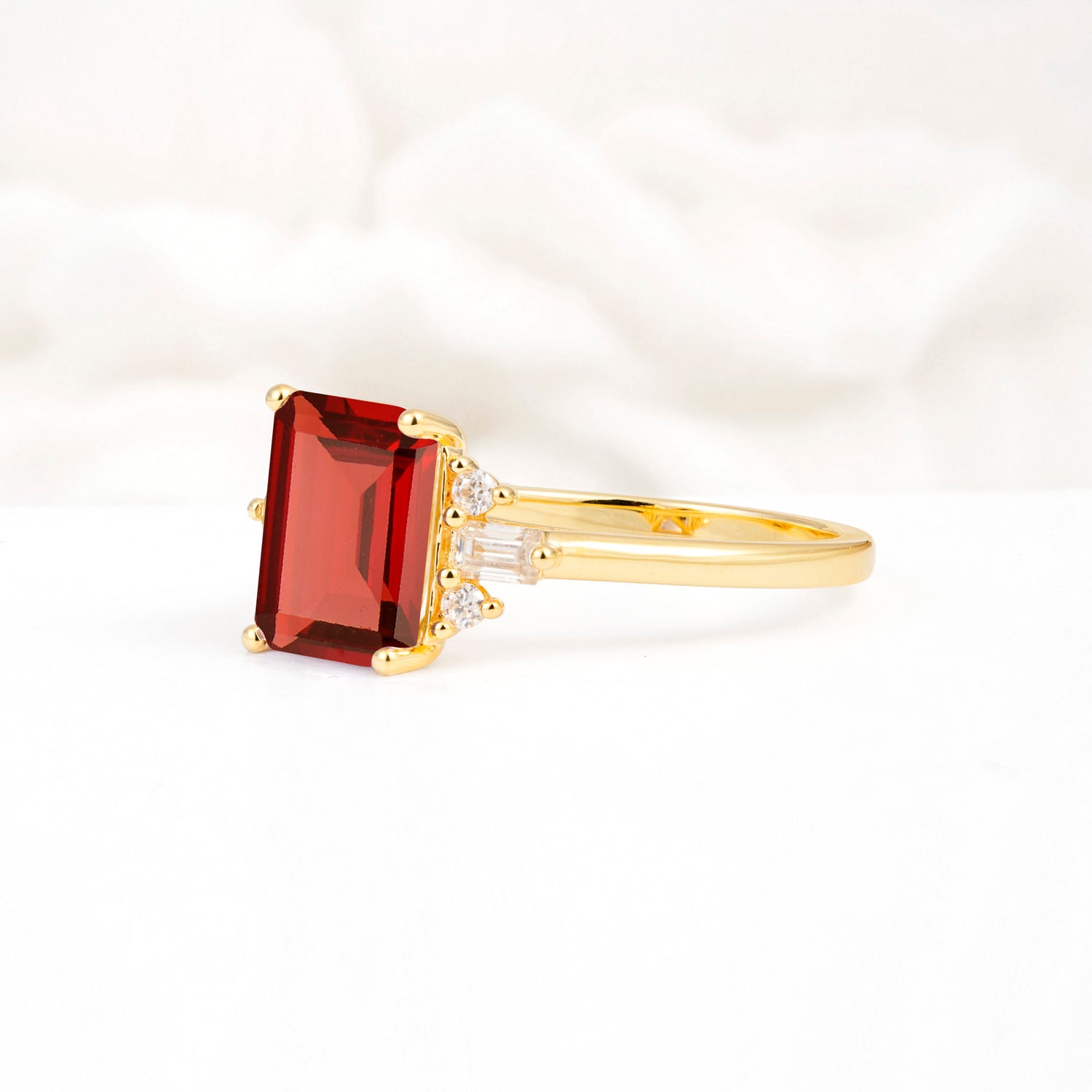 Classic Emerald Cut Baguette Side Cluster Garnet Engagement Ring - Additional view