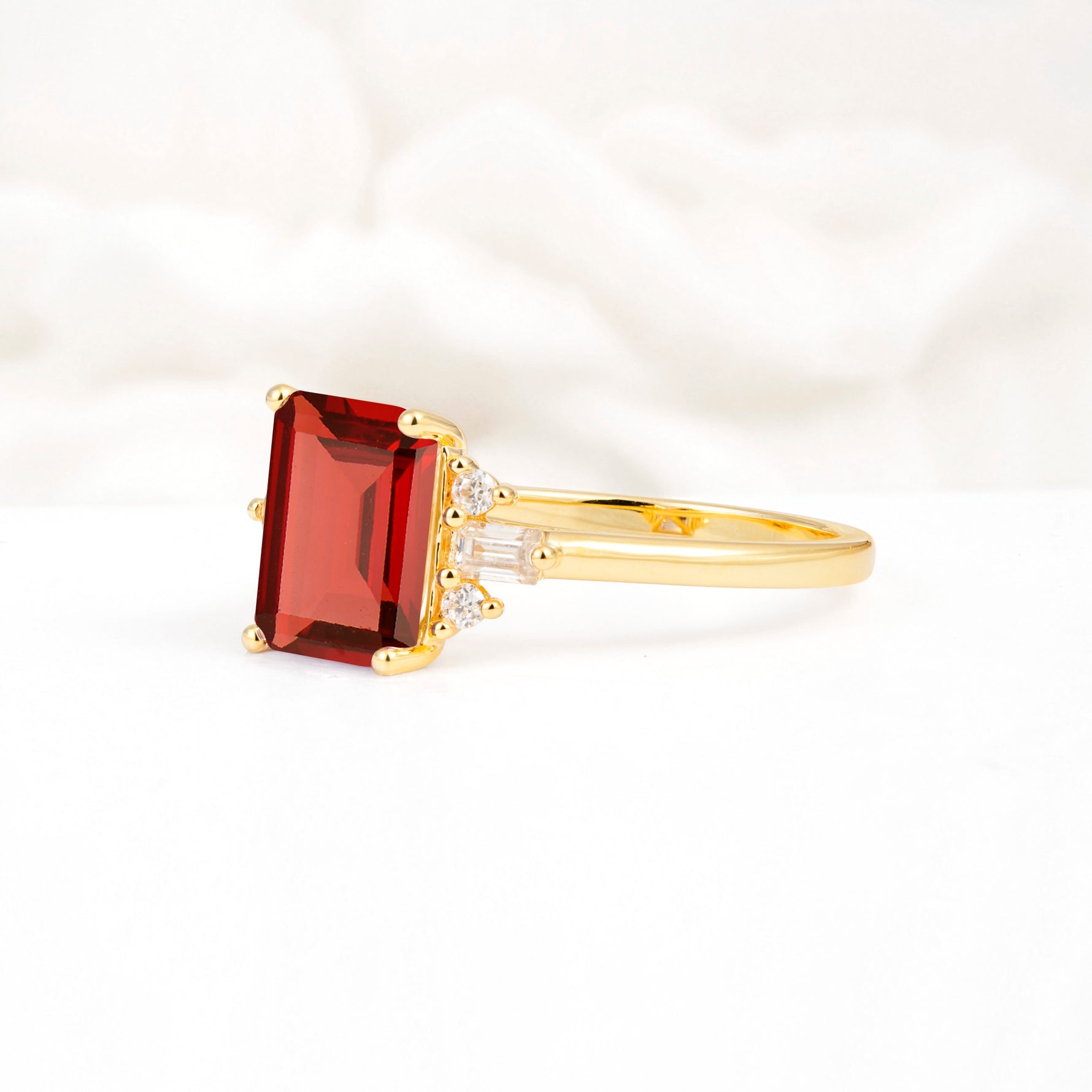 Classic Emerald Cut Baguette Side Cluster Garnet Engagement Ring - Additional view