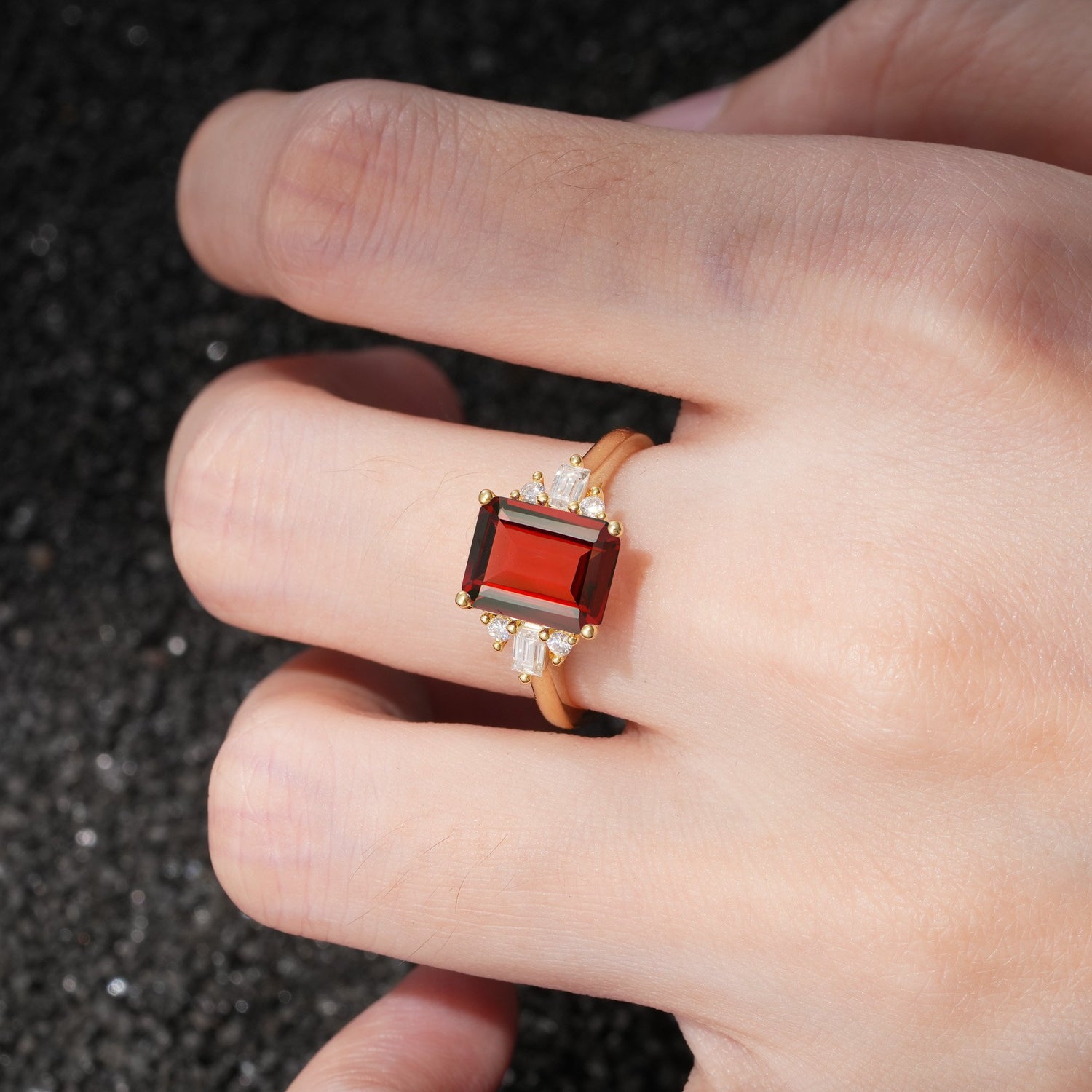 Classic Emerald Cut Baguette Side Cluster Garnet Engagement Ring