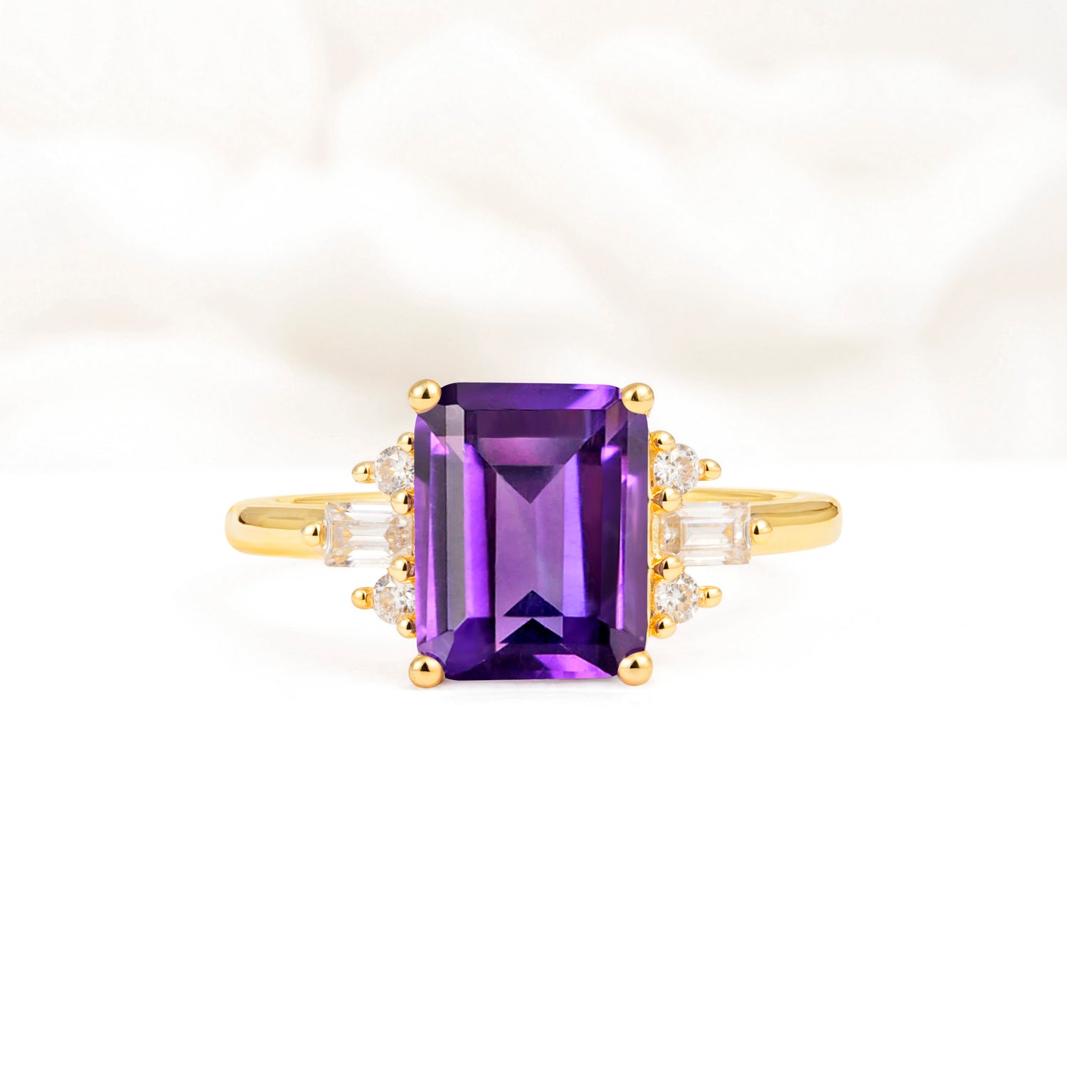 Classic Emerald Cut Baguette Side Cluster Amethyst Engagement Ring - Additional view