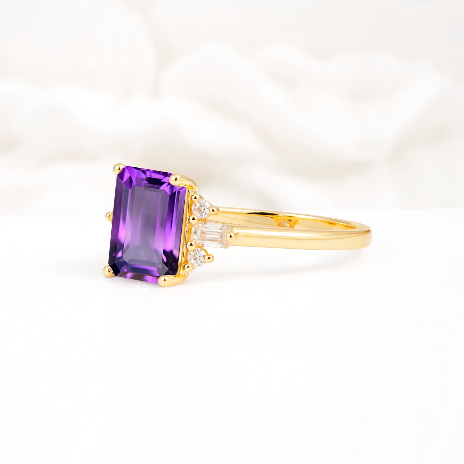 Classic Emerald Cut Baguette Side Cluster Amethyst Engagement Ring - Additional view