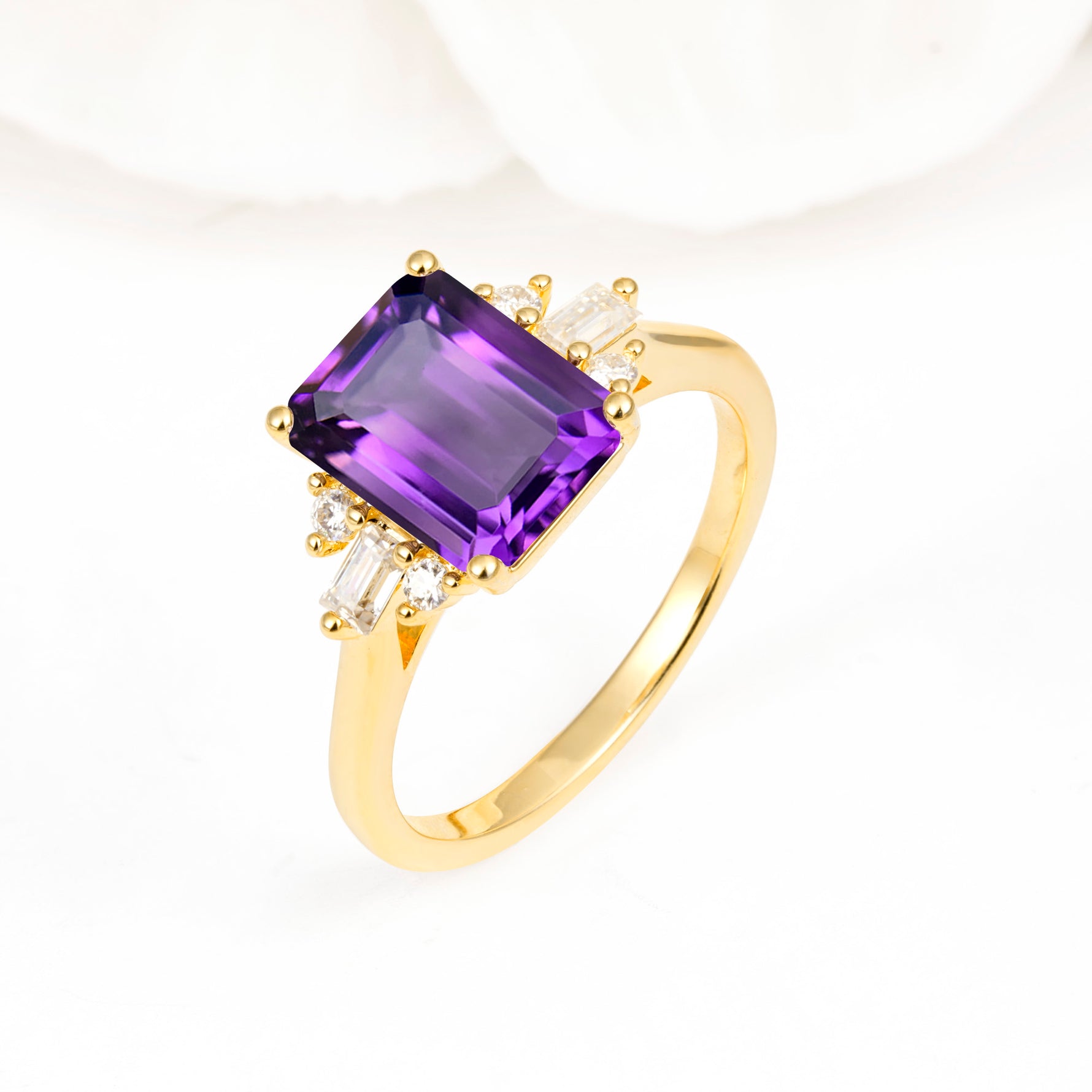 Classic Emerald Cut Baguette Side Cluster Amethyst Engagement Ring - Additional view