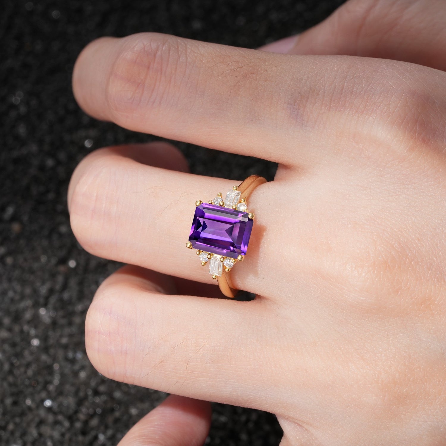 Classic Emerald Cut Baguette Side Cluster Amethyst Engagement Ring