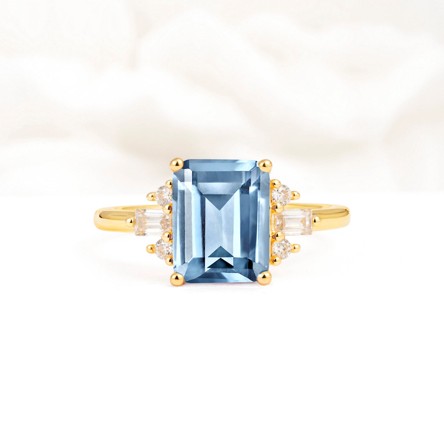 Classic Emerald Cut Baguette Side Cluster Aquamarine Engagement Ring - Additional view