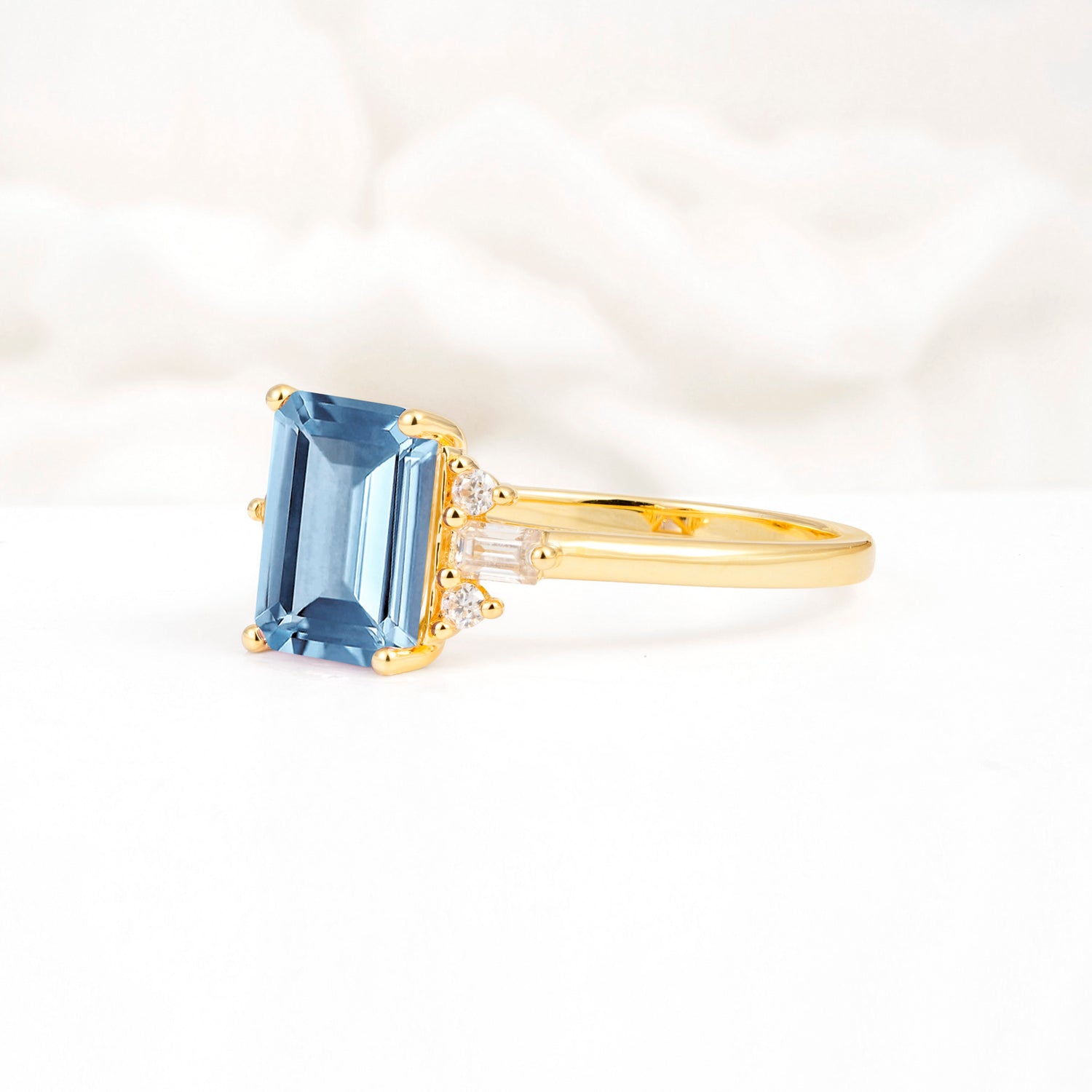 Classic Emerald Cut Baguette Side Cluster Aquamarine Engagement Ring - Additional view