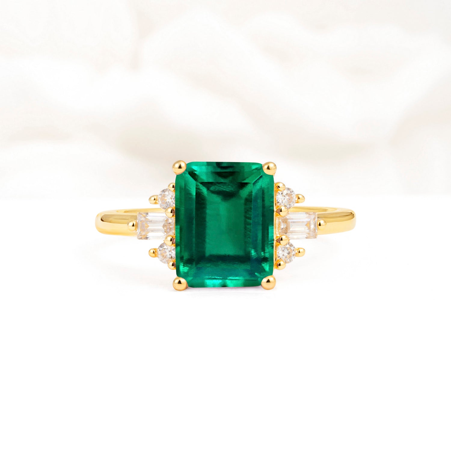 Classic Emerald Cut Baguette Side Cluster Emerald Engagement Ring - Additional view