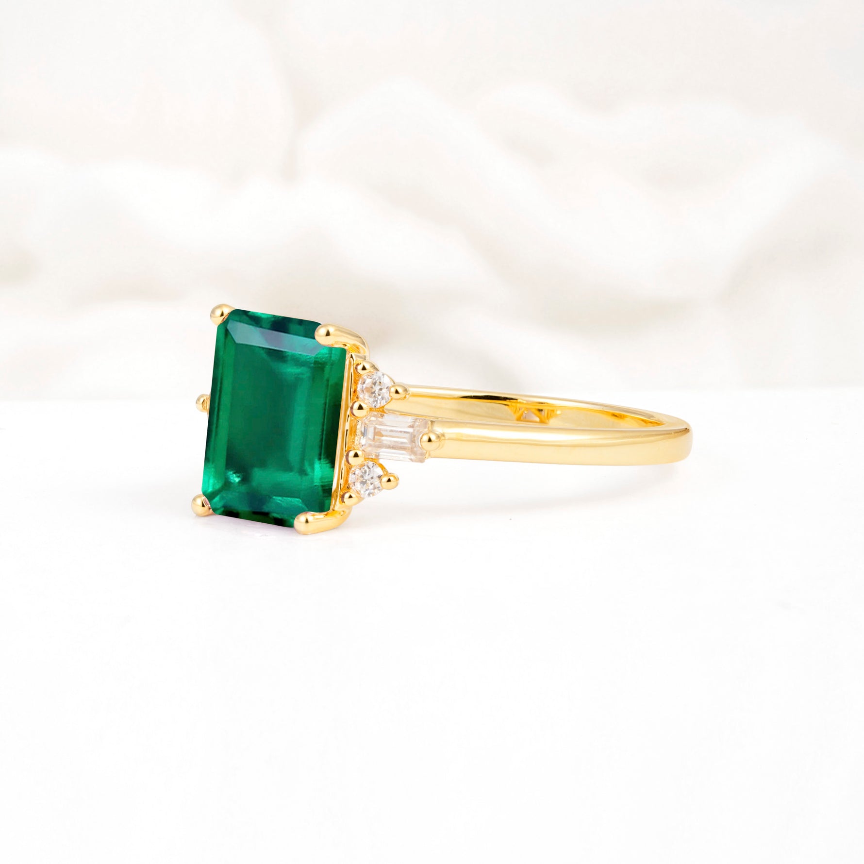 Classic Emerald Cut Baguette Side Cluster Emerald Engagement Ring - Additional view