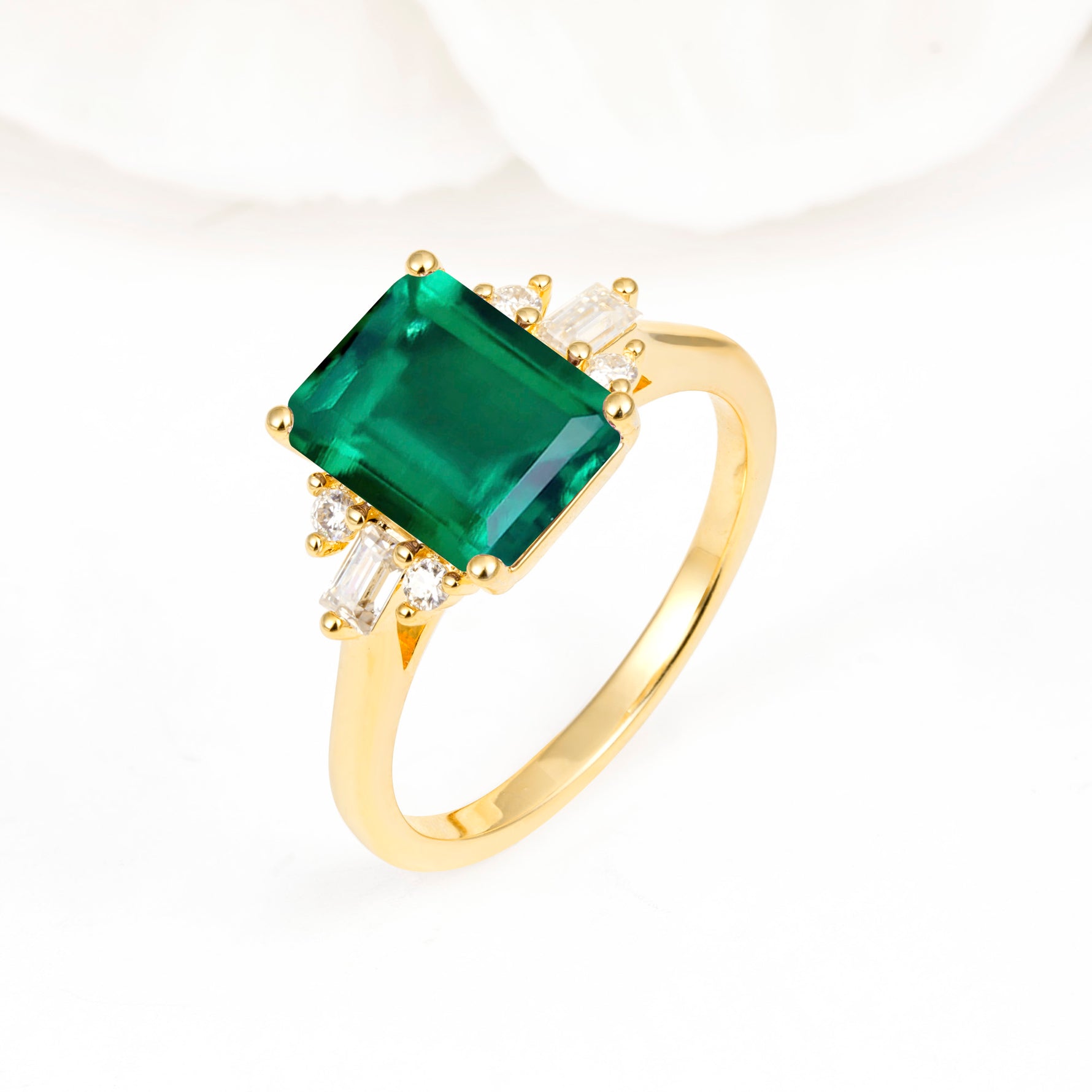 Classic Emerald Cut Baguette Side Cluster Emerald Engagement Ring - Additional view