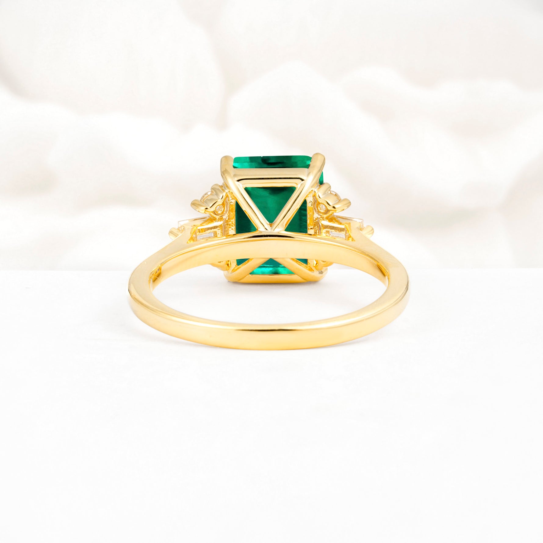 Classic Emerald Cut Baguette Side Cluster Emerald Engagement Ring - Additional view