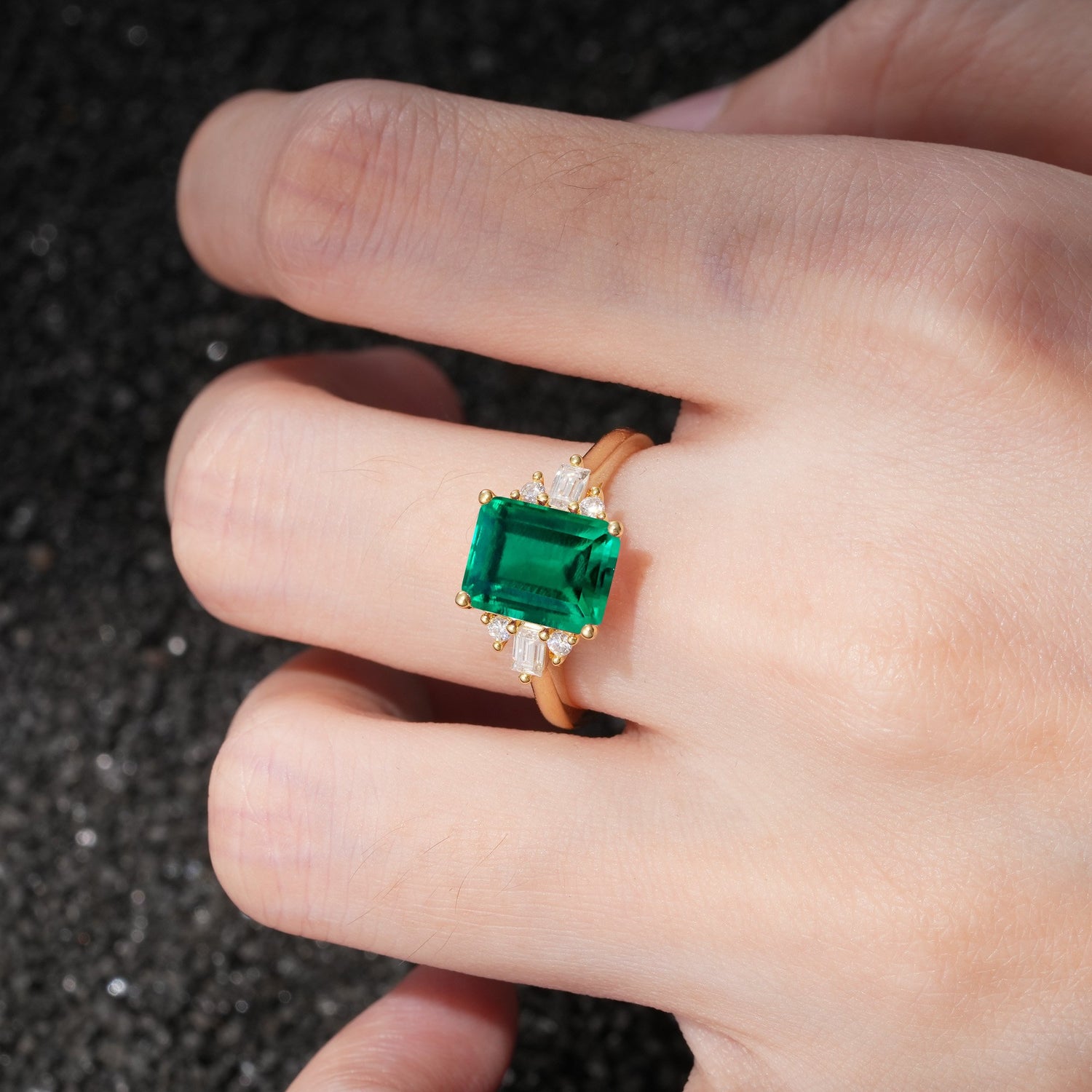 Classic Emerald Cut Baguette Side Cluster Emerald Engagement Ring