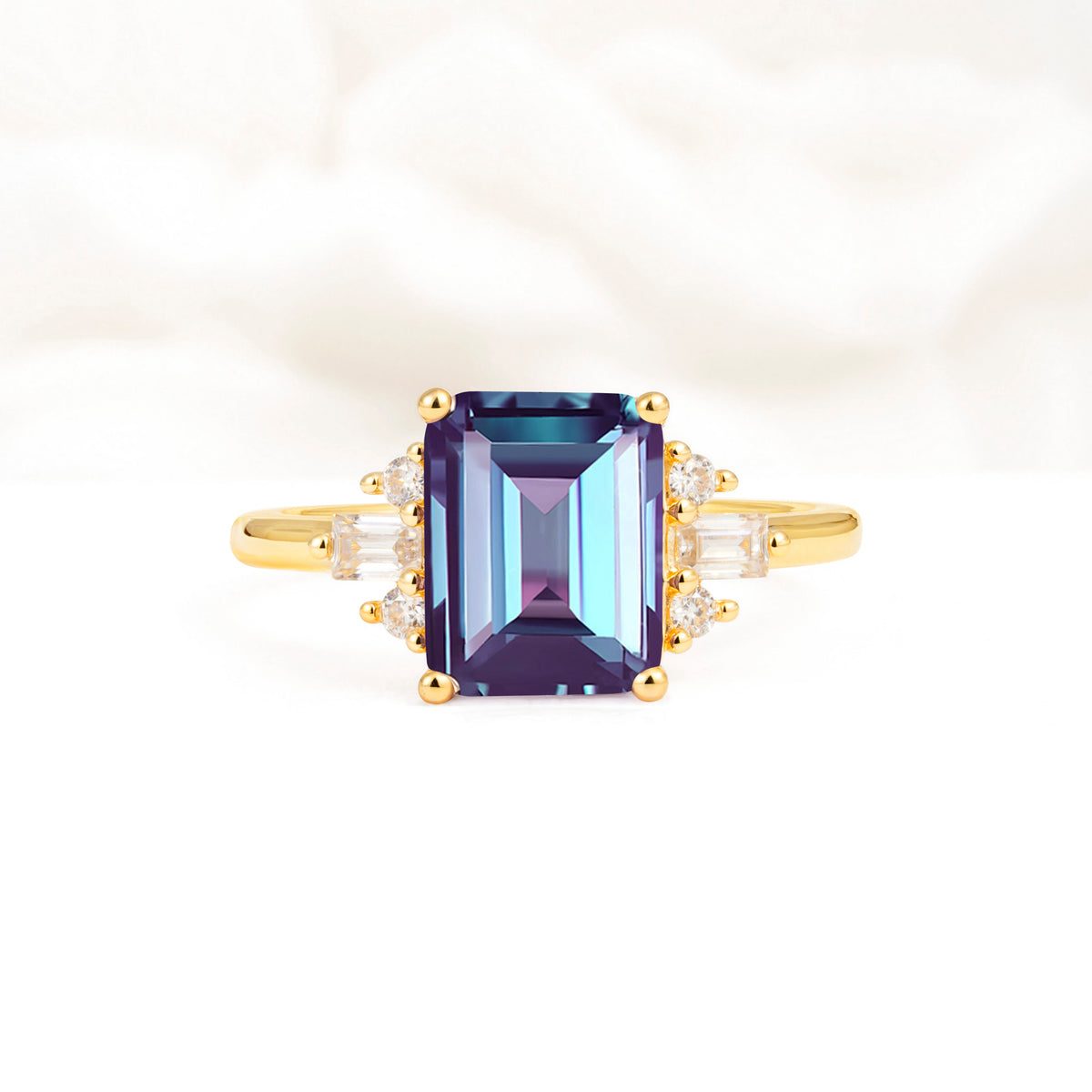 Classic Emerald Cut Baguette Side Cluster Alexandrite Engagement Ring - Additional view