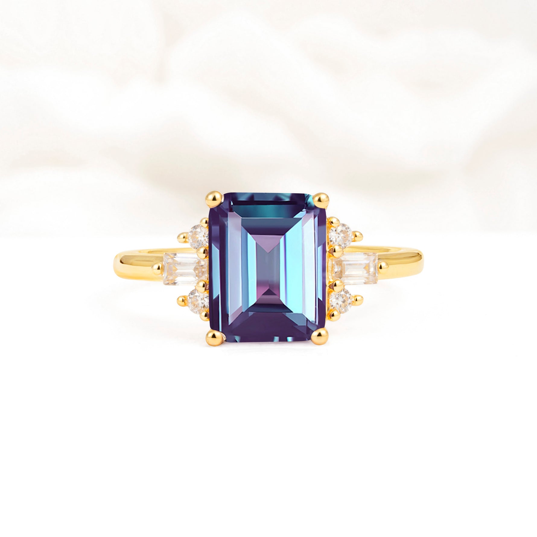 Classic Emerald Cut Baguette Side Cluster Alexandrite Engagement Ring - Additional view