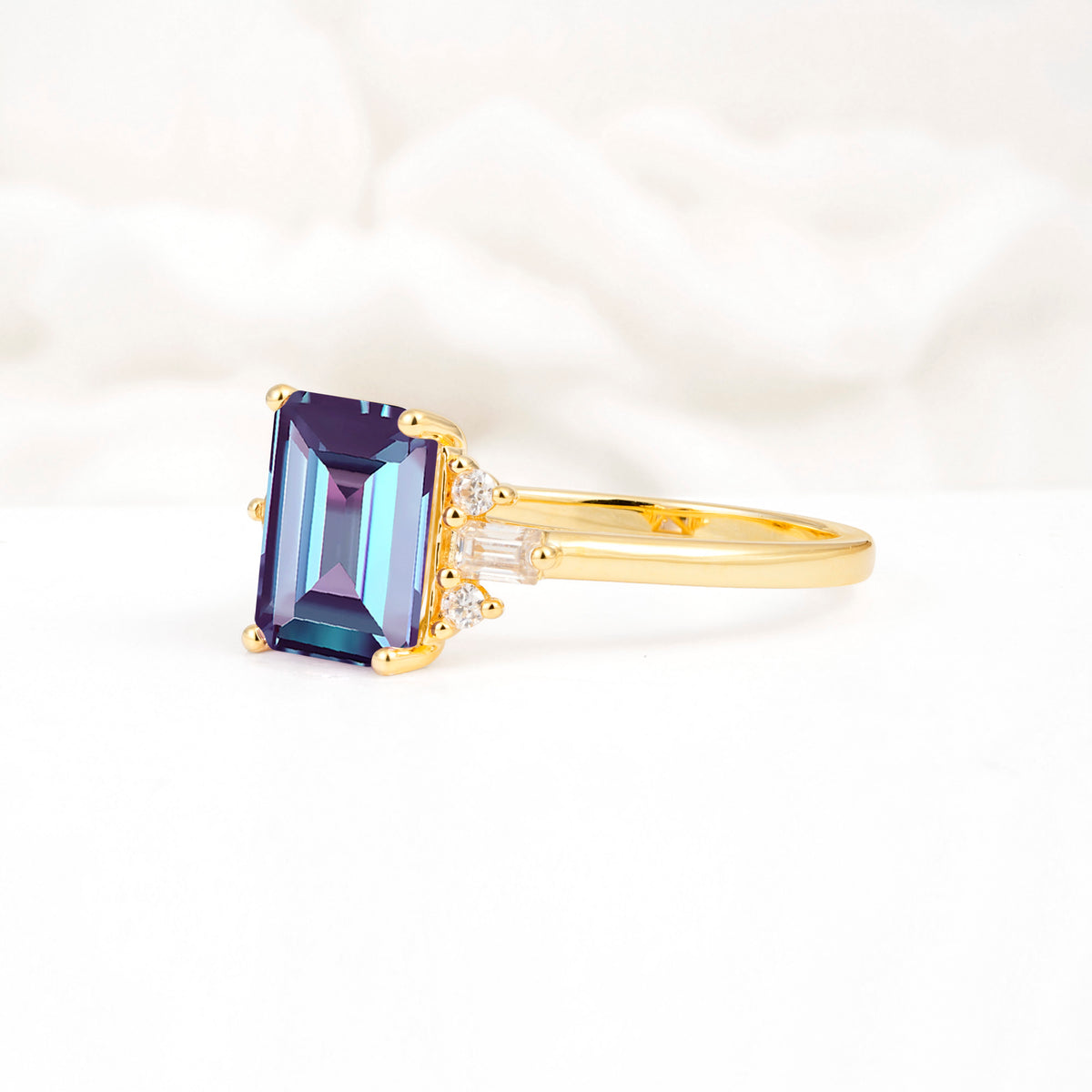 Classic Emerald Cut Baguette Side Cluster Alexandrite Engagement Ring - Additional view