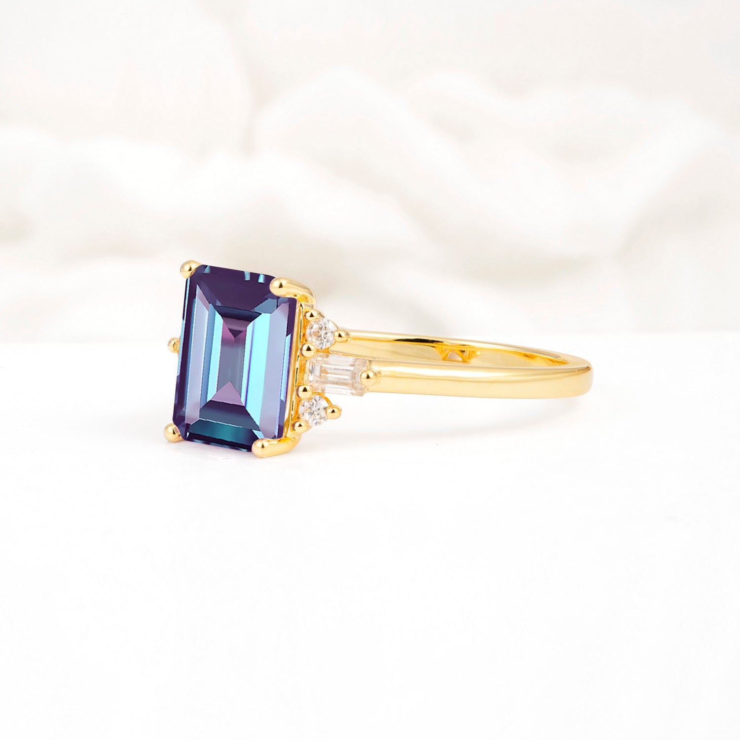 Classic Emerald Cut Baguette Side Cluster Alexandrite Engagement Ring - Additional view