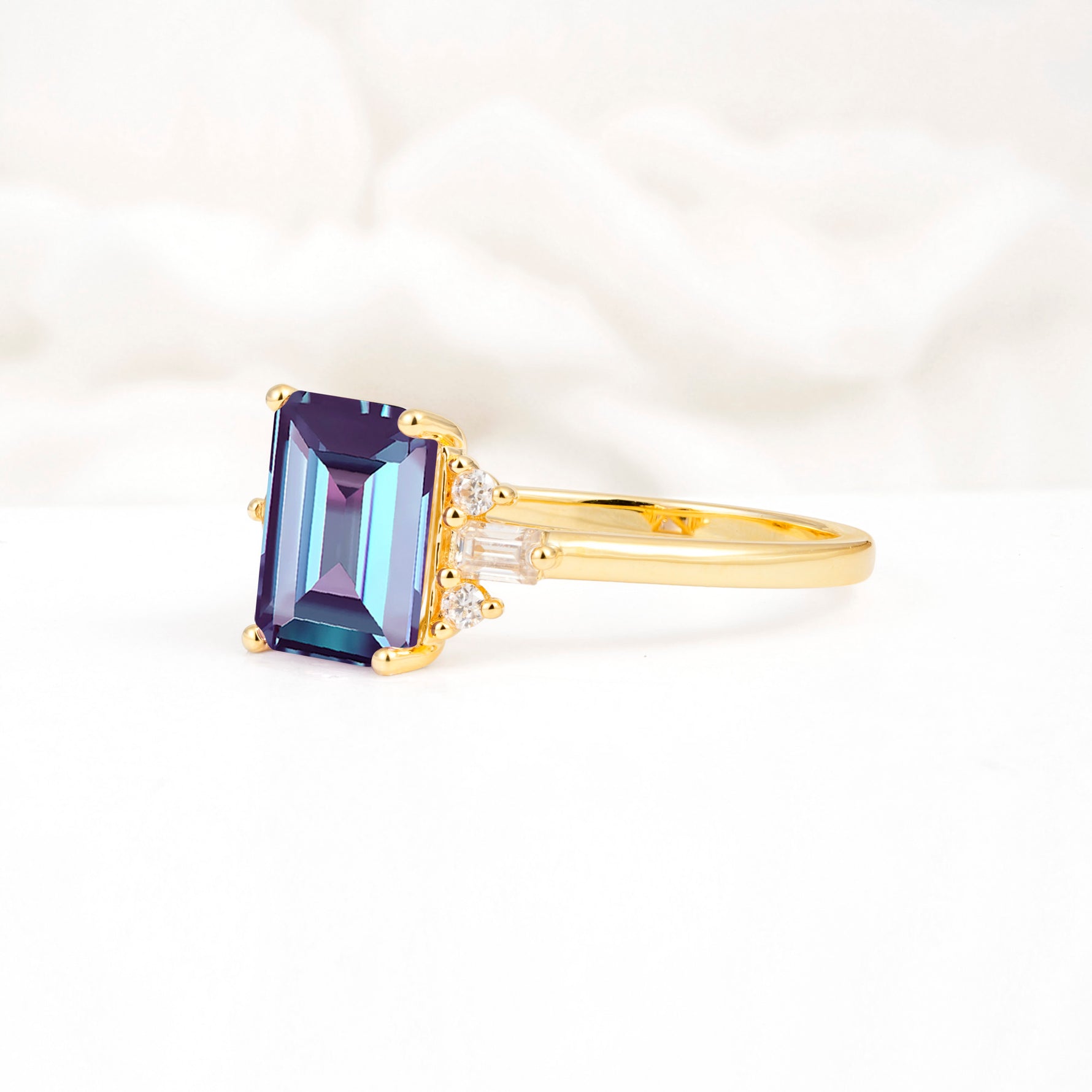 Classic Emerald Cut Baguette Side Cluster Alexandrite Engagement Ring - Additional view