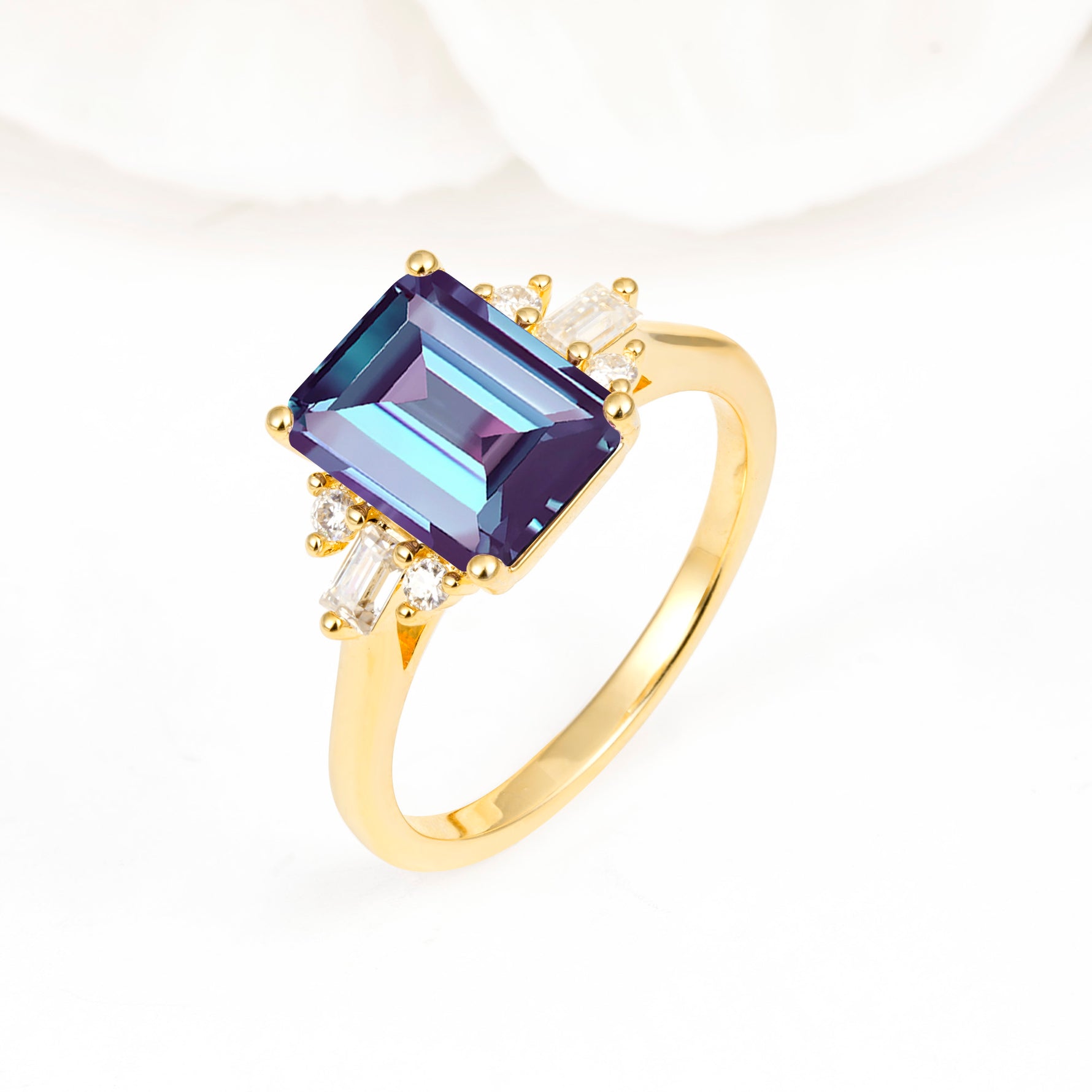 Classic Emerald Cut Baguette Side Cluster Alexandrite Engagement Ring - Additional view