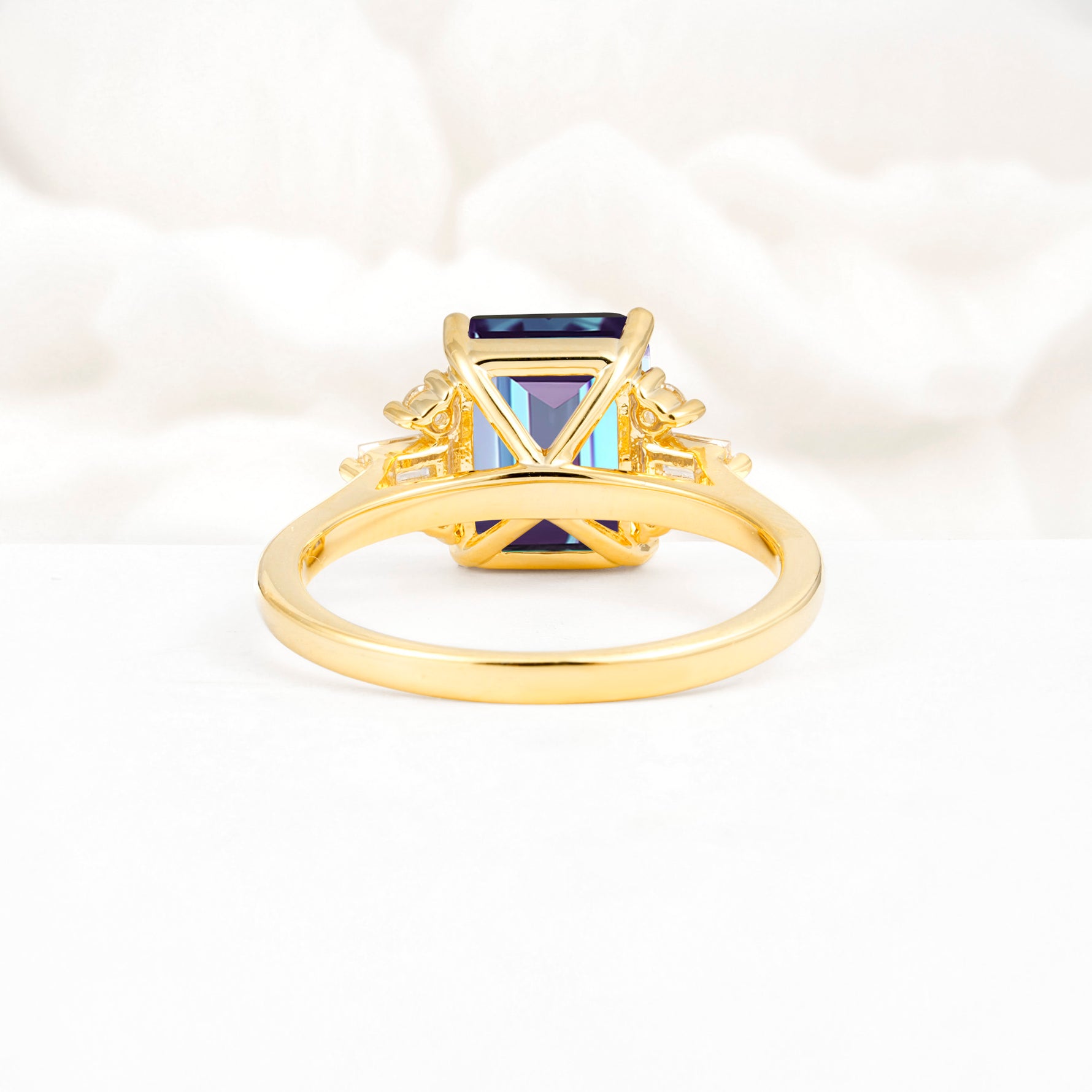 Classic Emerald Cut Baguette Side Cluster Alexandrite Engagement Ring - Additional view