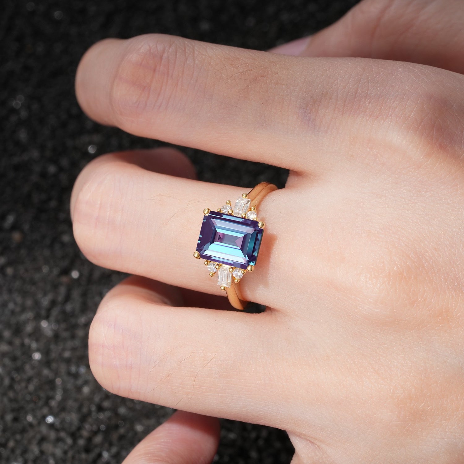 Classic Emerald Cut Baguette Side Cluster Alexandrite Engagement Ring