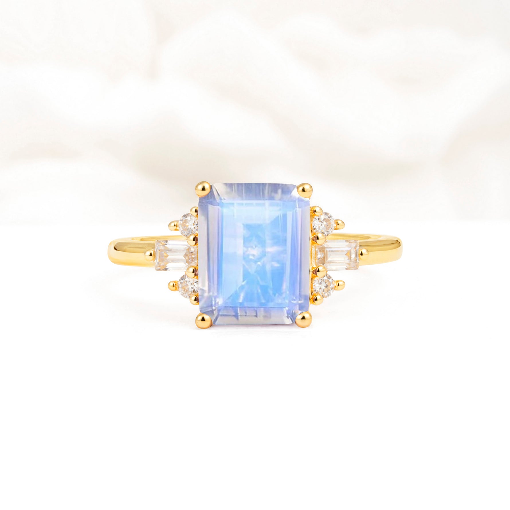 Classic Emerald Cut Baguette Side Cluster Moonstone Engagement Ring - Additional view