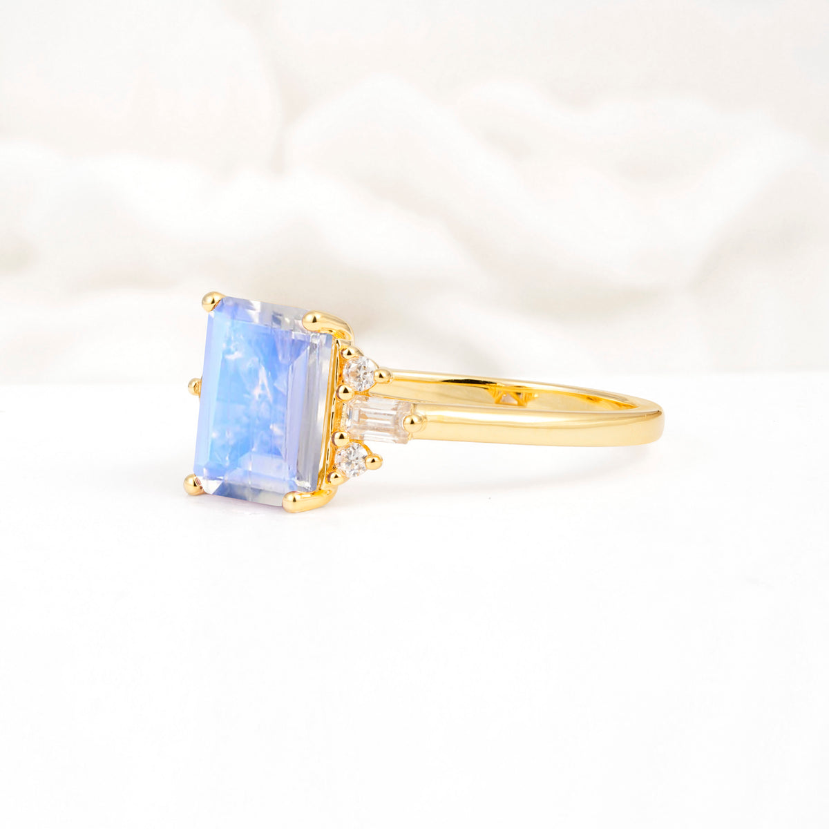 Classic Emerald Cut Baguette Side Cluster Moonstone Engagement Ring - Additional view
