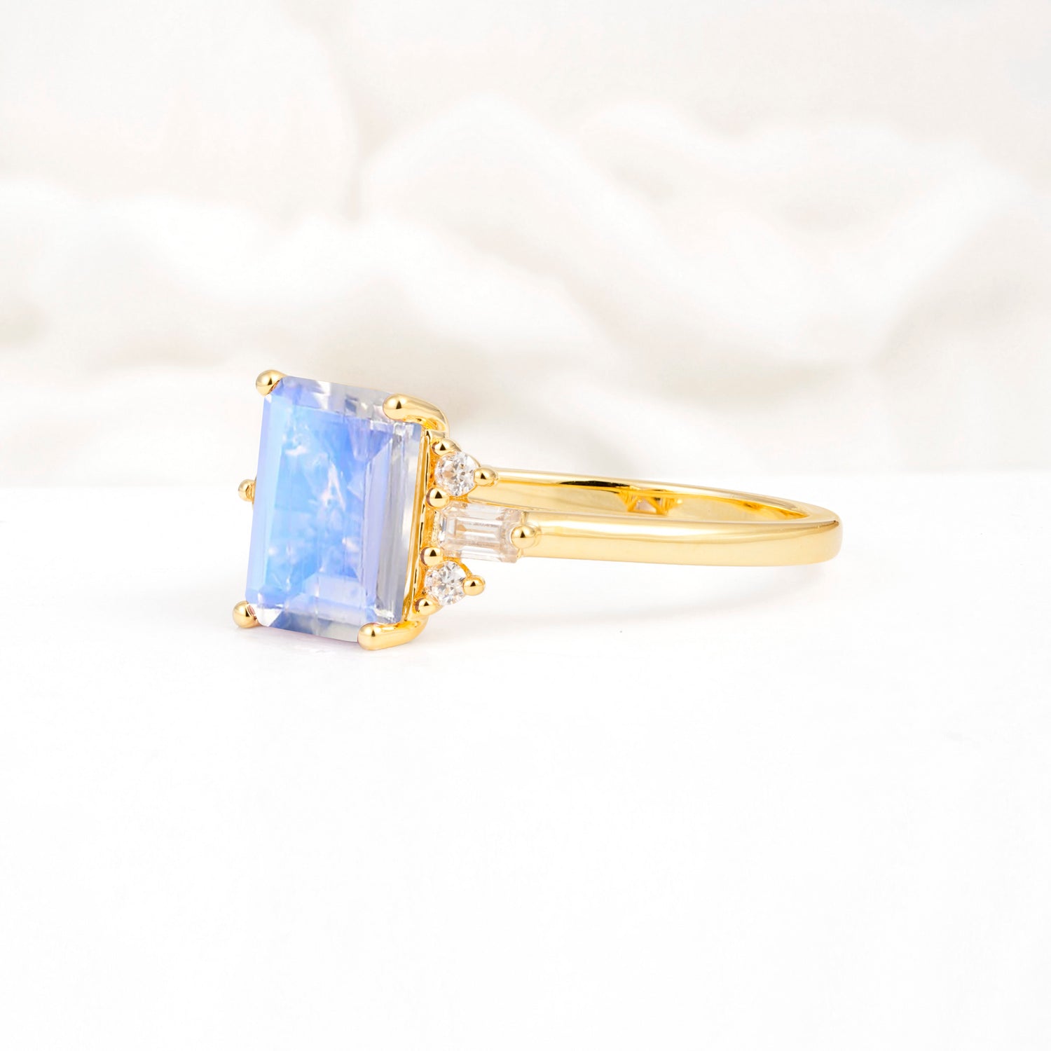 Classic Emerald Cut Baguette Side Cluster Moonstone Engagement Ring - Additional view