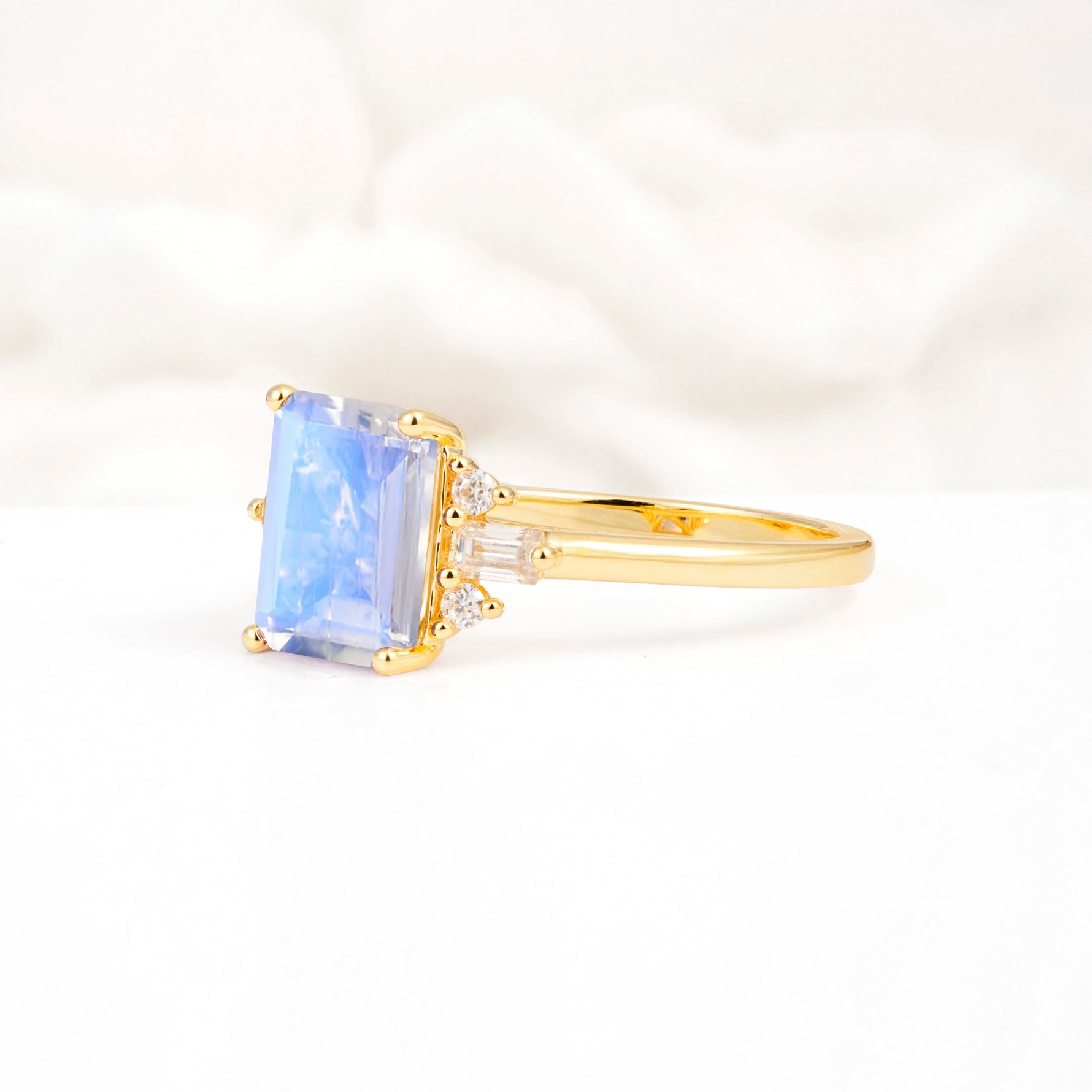 Classic Emerald Cut Baguette Side Cluster Moonstone Engagement Ring - Additional view