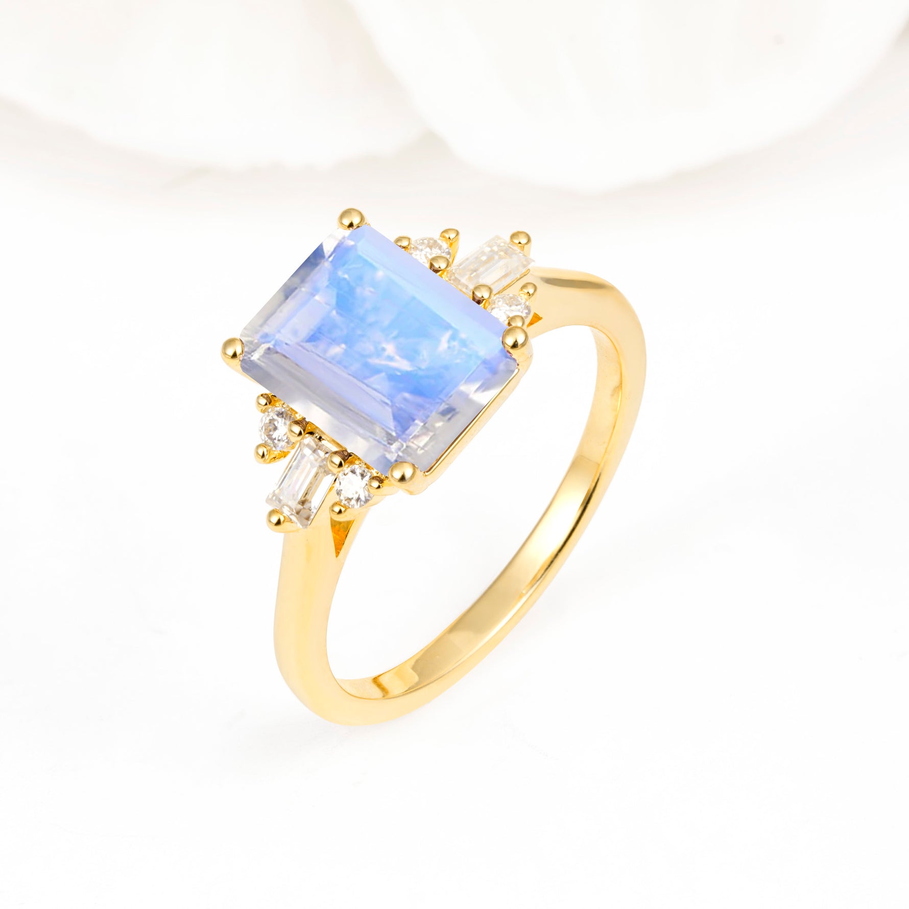 Classic Emerald Cut Baguette Side Cluster Moonstone Engagement Ring - Additional view