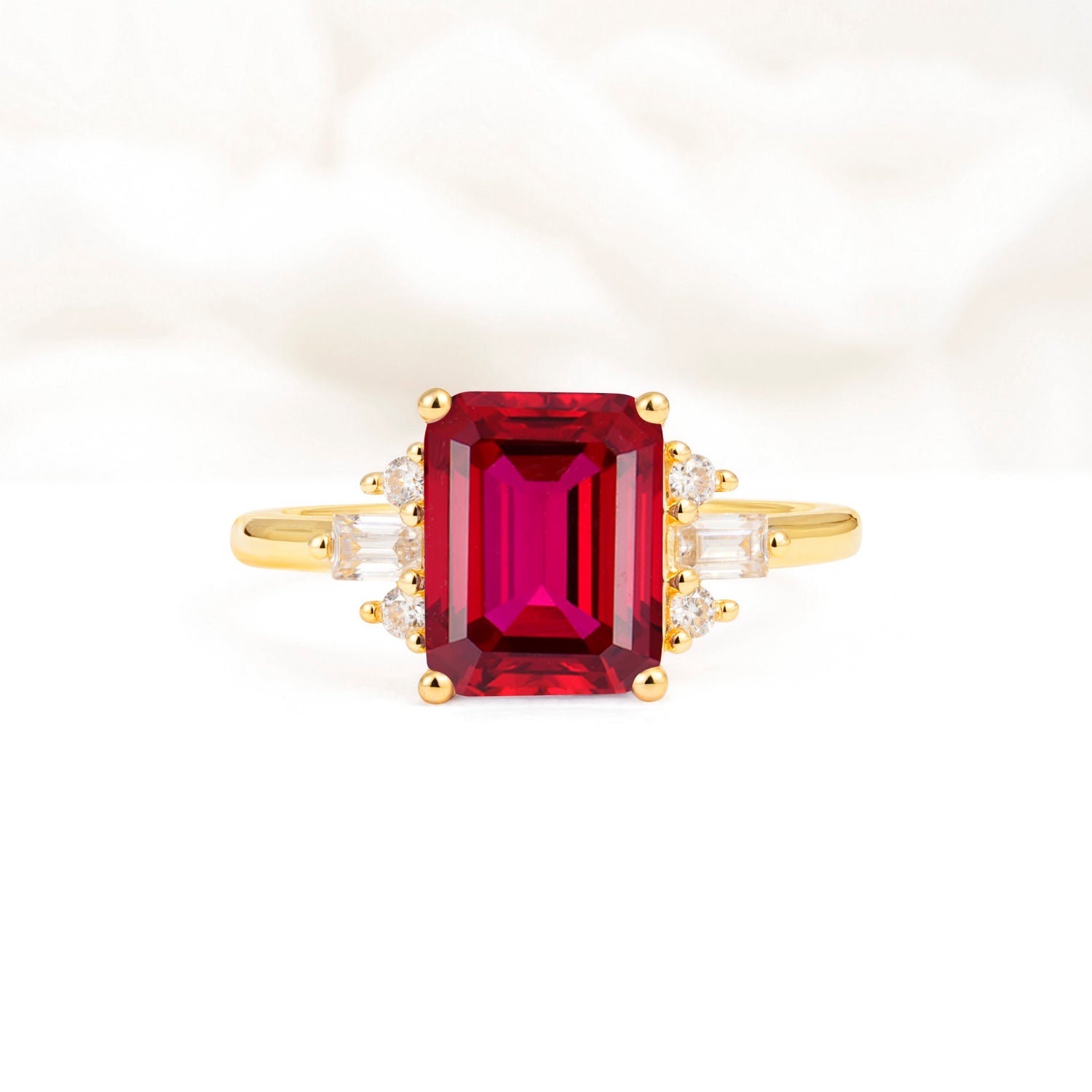 Classic Emerald Cut Baguette Side Cluster Ruby Engagement Ring - Additional view