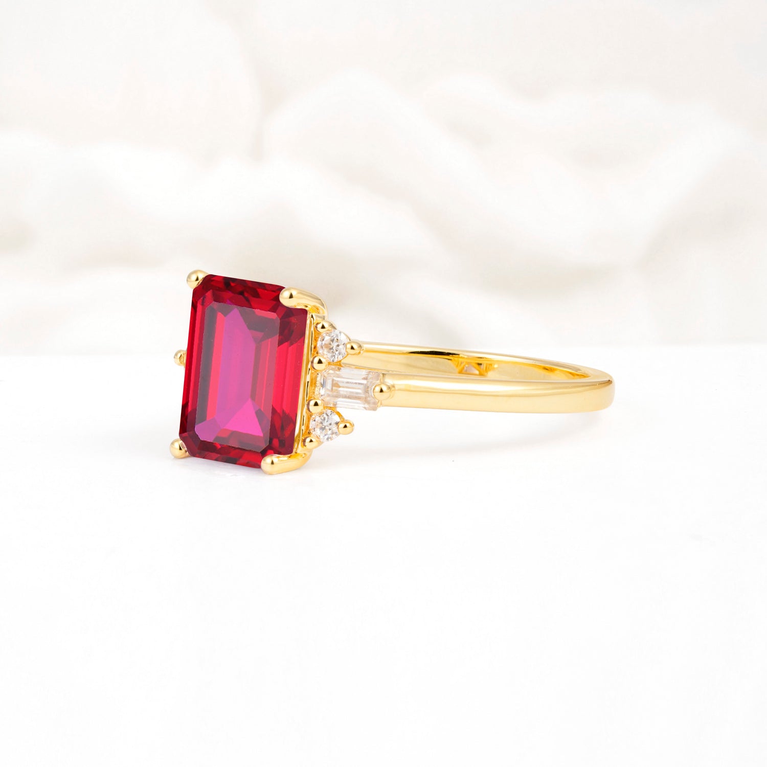 Classic Emerald Cut Baguette Side Cluster Ruby Engagement Ring - Additional view