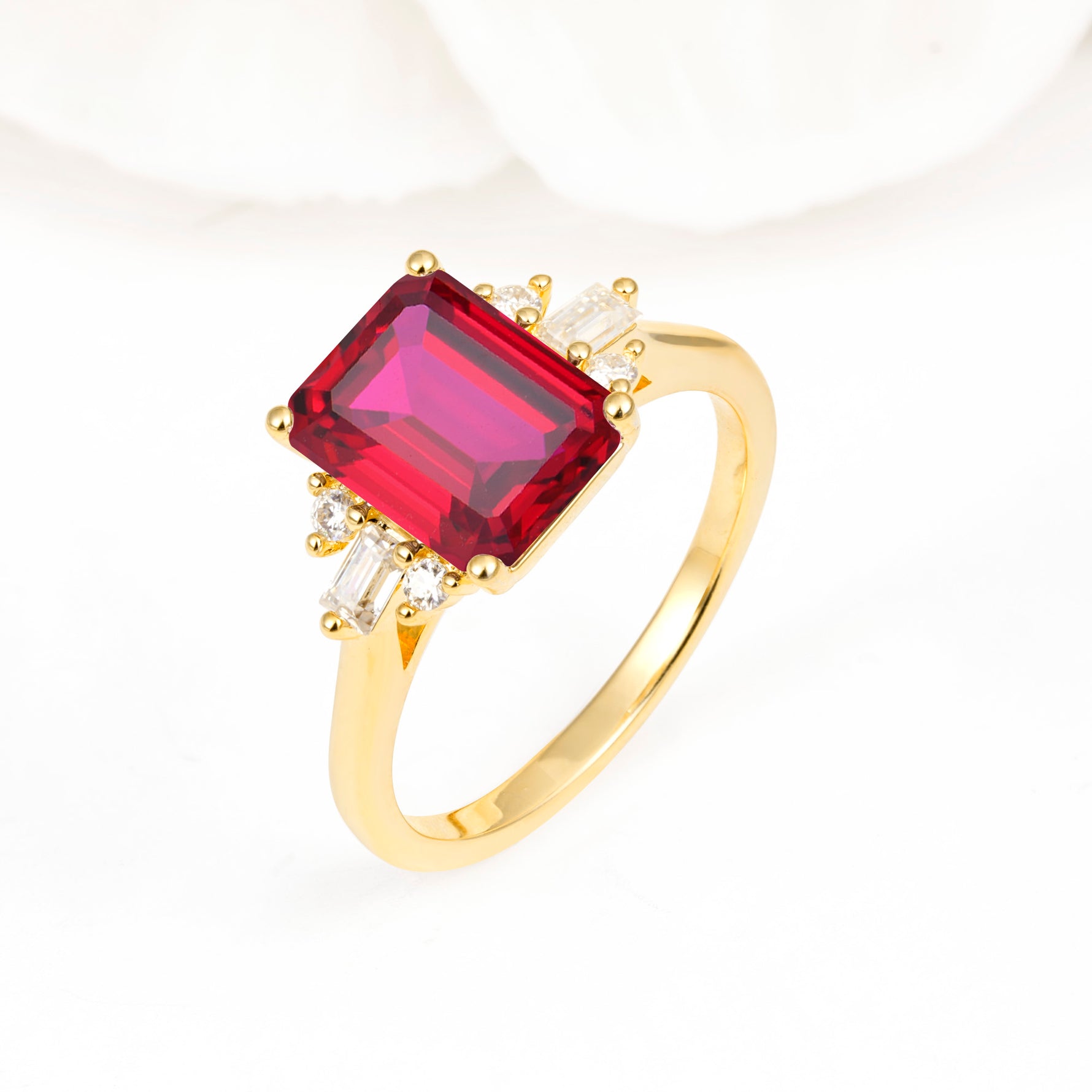 Classic Emerald Cut Baguette Side Cluster Ruby Engagement Ring - Additional view
