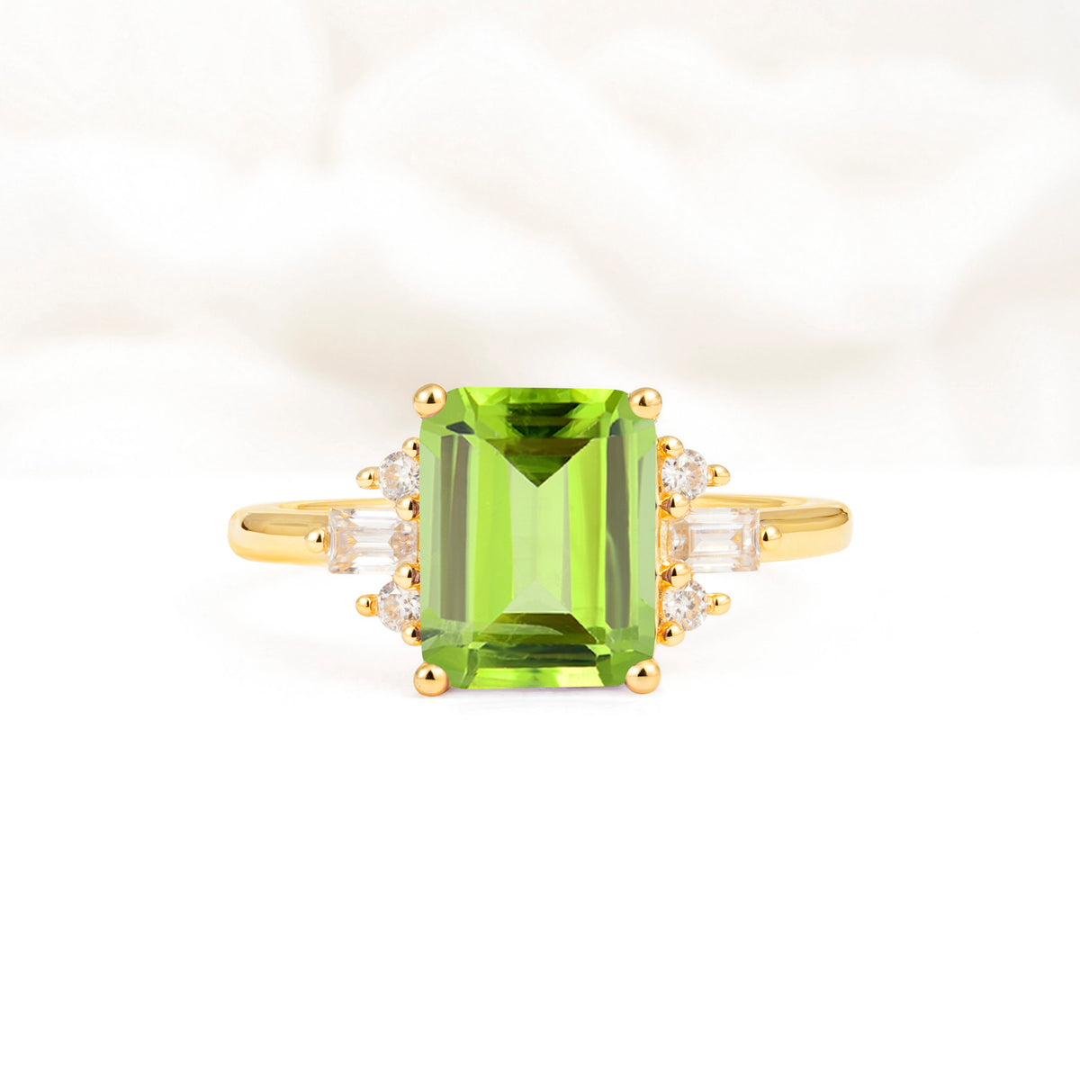 Classic Emerald Cut Baguette Side Cluster Peridot Engagement Ring - Additional view