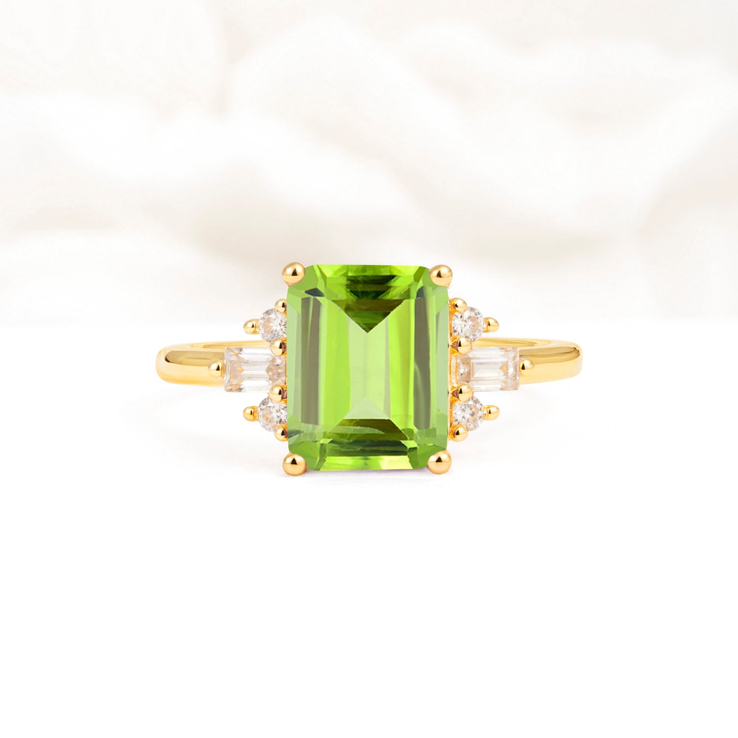 Classic Emerald Cut Baguette Side Cluster Peridot Engagement Ring - Additional view