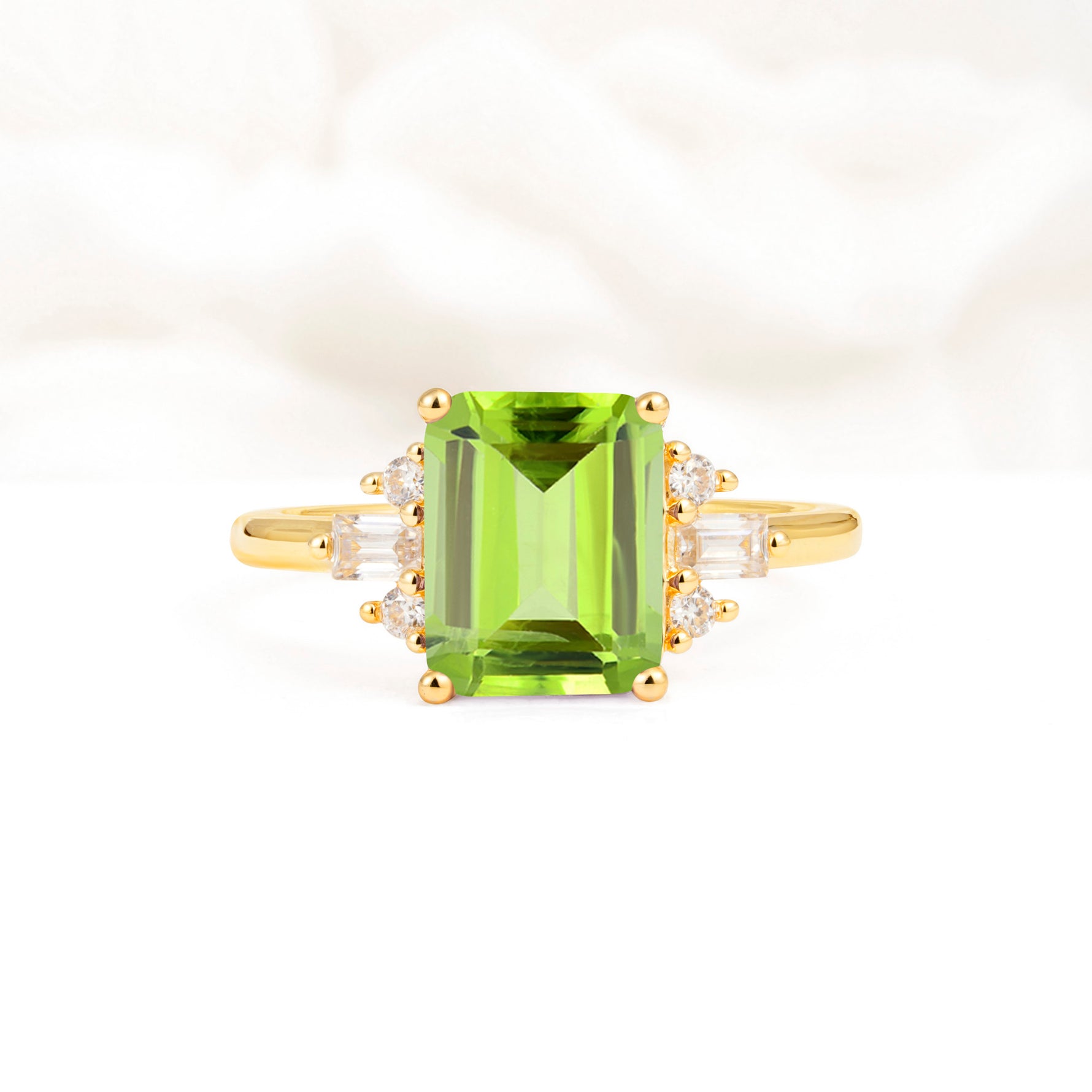 Classic Emerald Cut Baguette Side Cluster Peridot Engagement Ring - Additional view