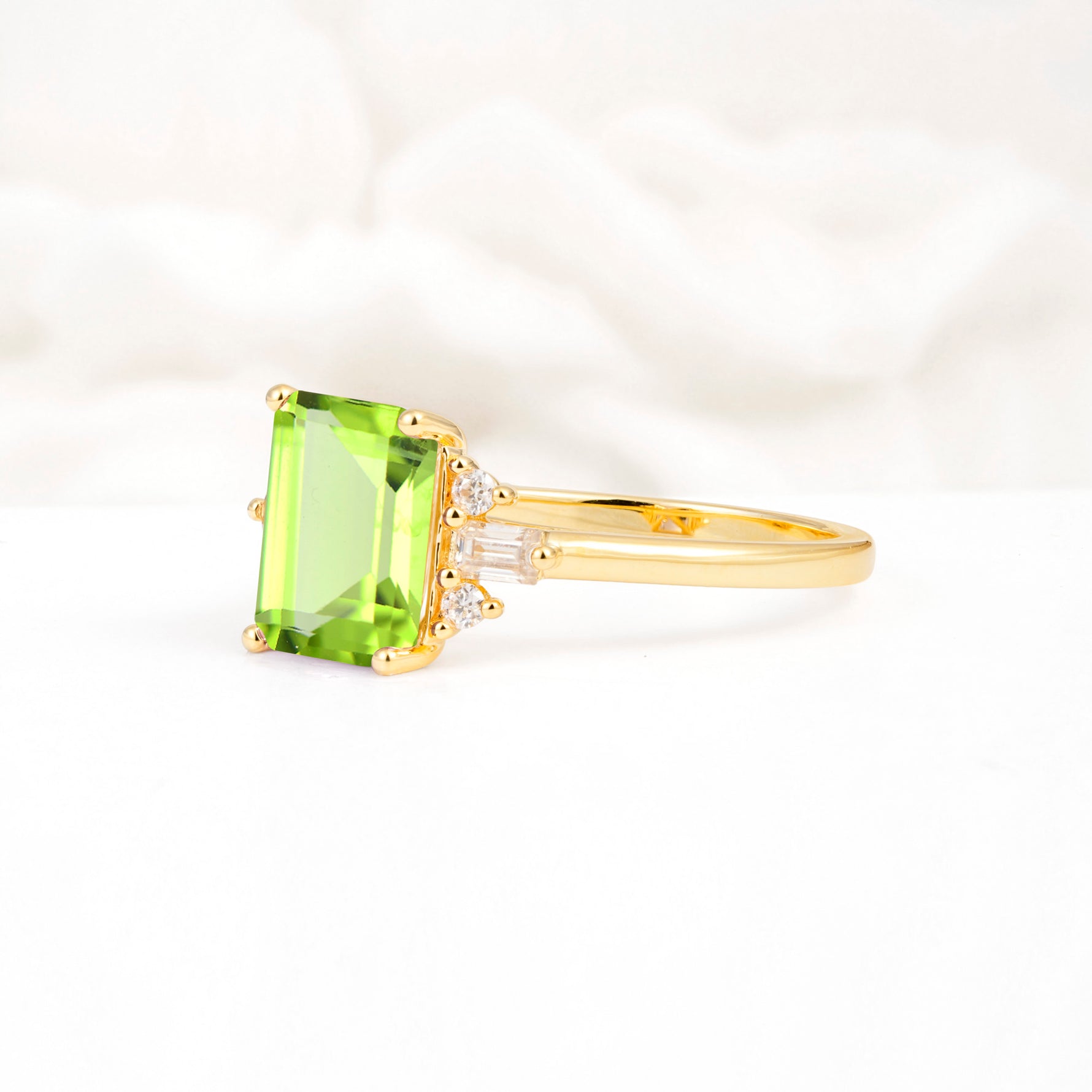 Classic Emerald Cut Baguette Side Cluster Peridot Engagement Ring - Additional view