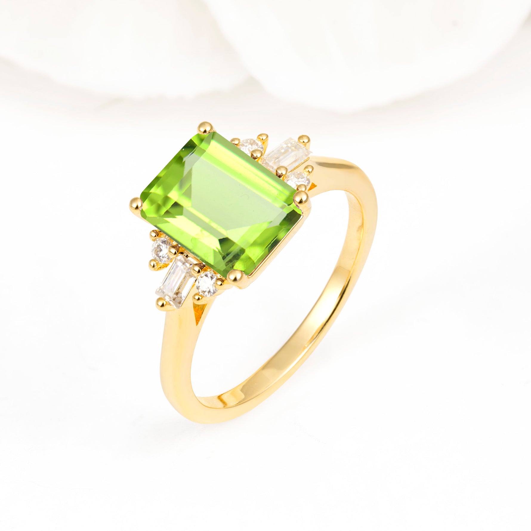 Classic Emerald Cut Baguette Side Cluster Peridot Engagement Ring - Additional view