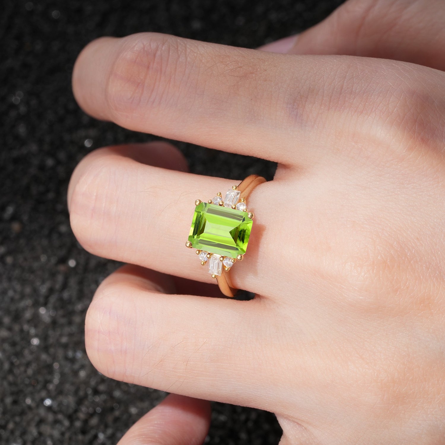 Classic Emerald Cut Baguette Side Cluster Peridot Engagement Ring