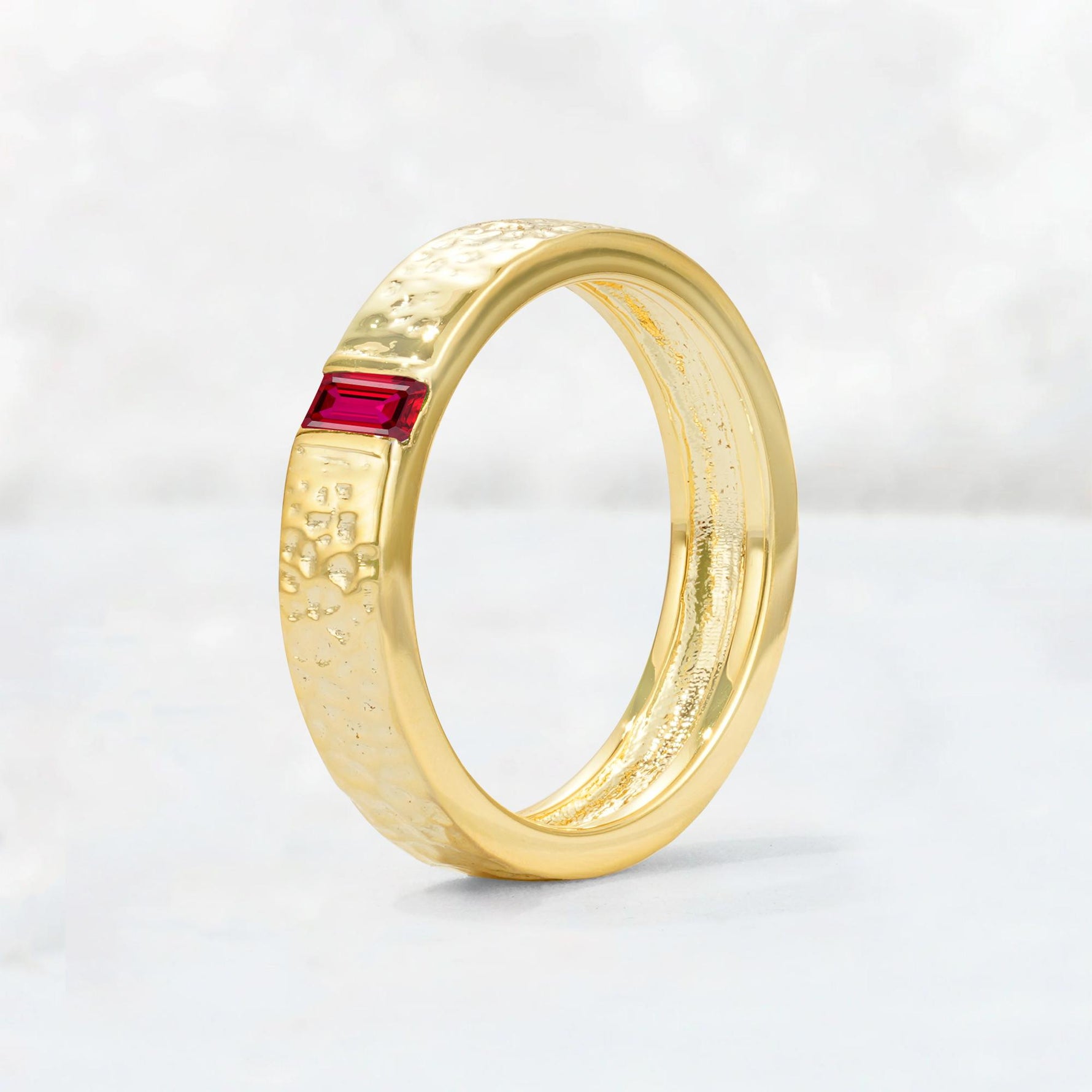Baguette Cut Ruby Hammered Wedding Band - Additional view