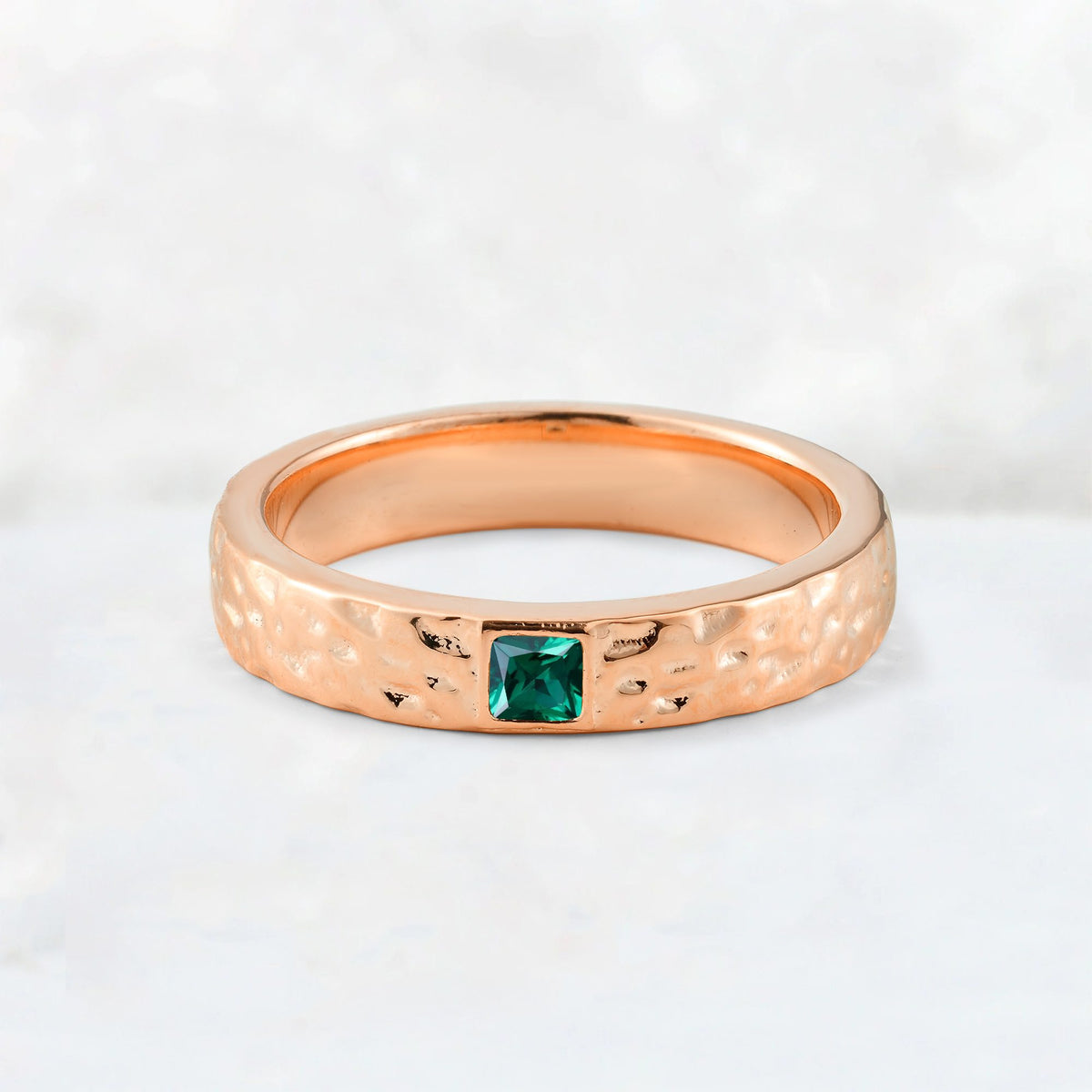 Princess Cut Emerald Hammered Flush-Set Wedding Band - Additional view