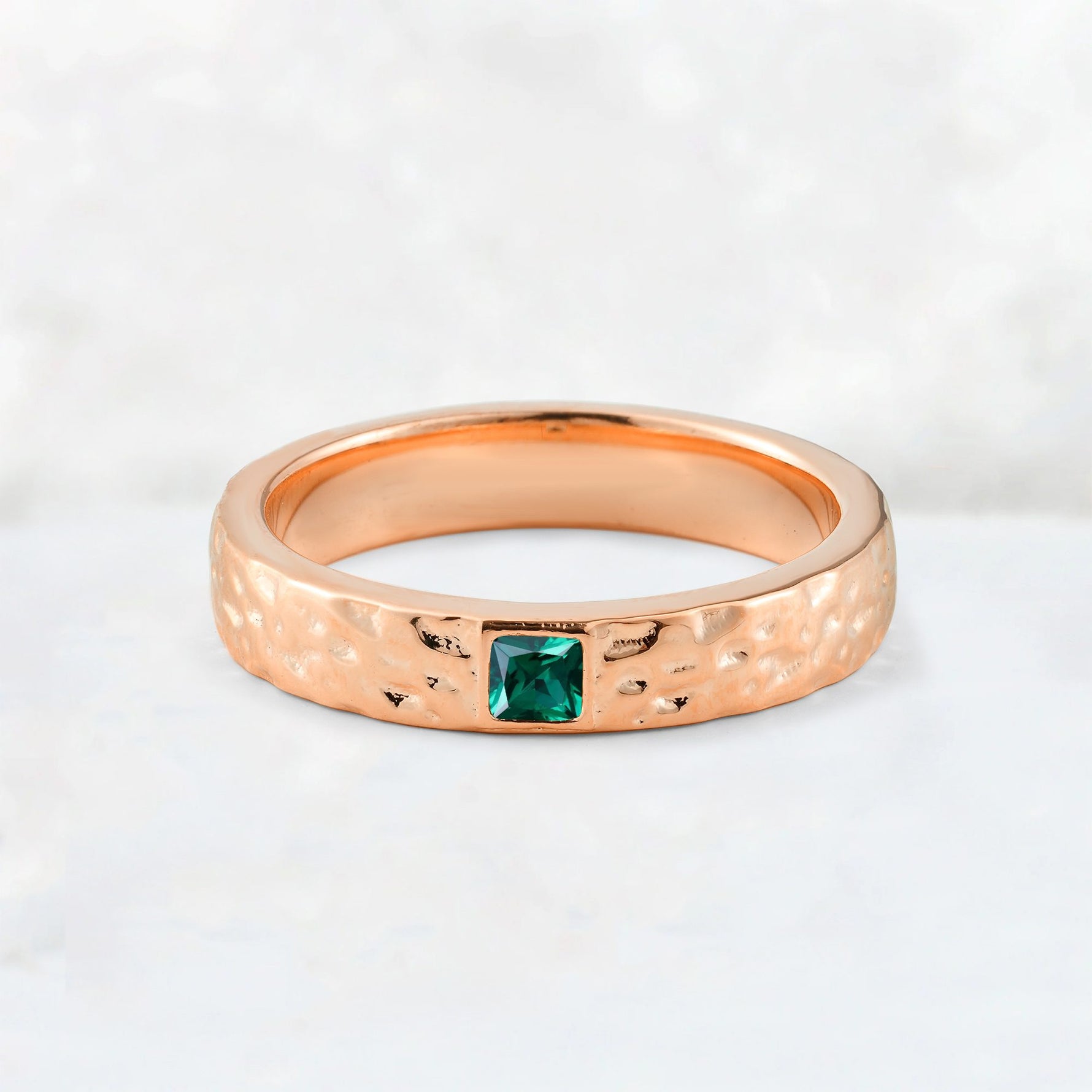 Princess Cut Emerald Hammered Flush-Set Wedding Band - Additional view