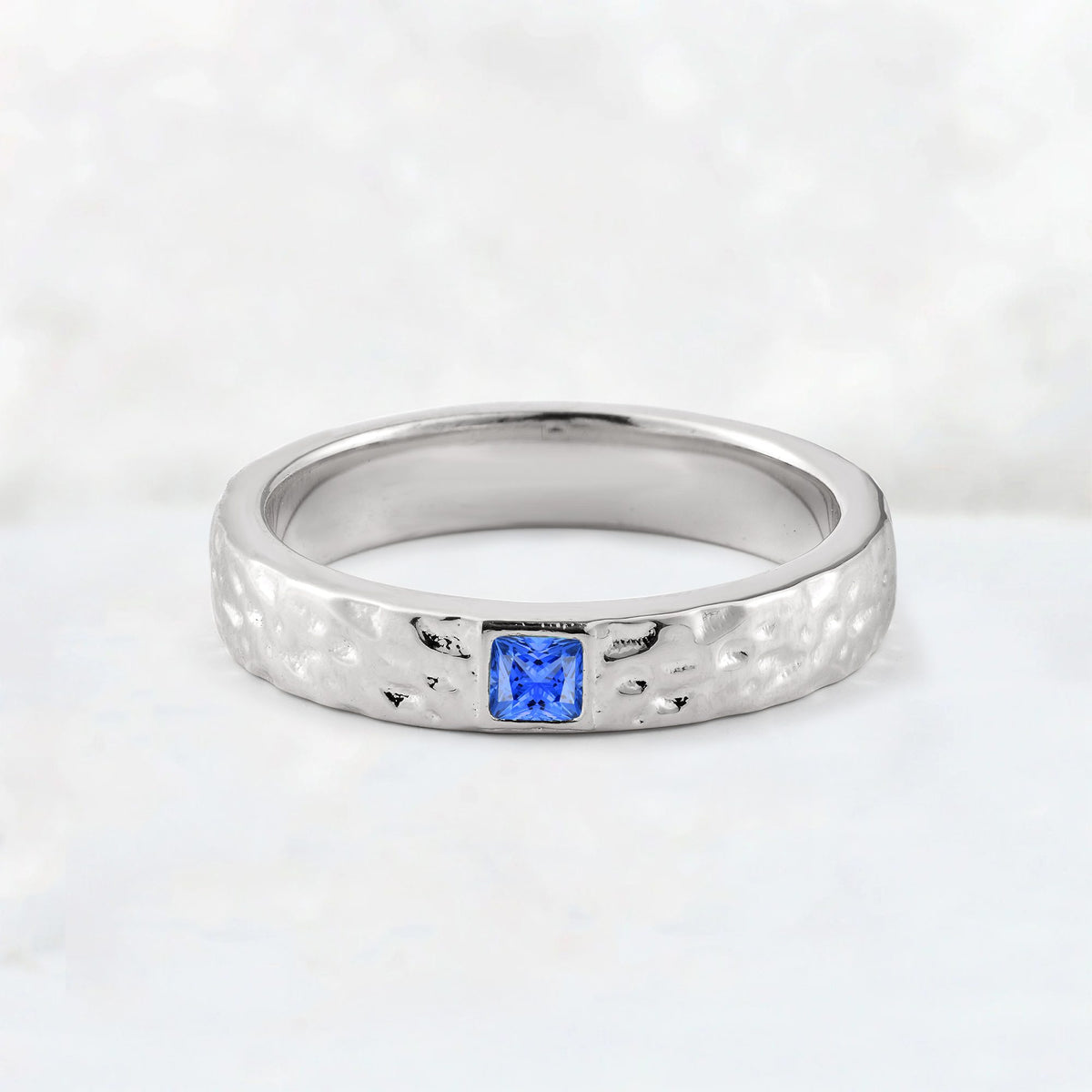 Princess Cut Sapphire Hammered Flush-Set Wedding Band - Additional view