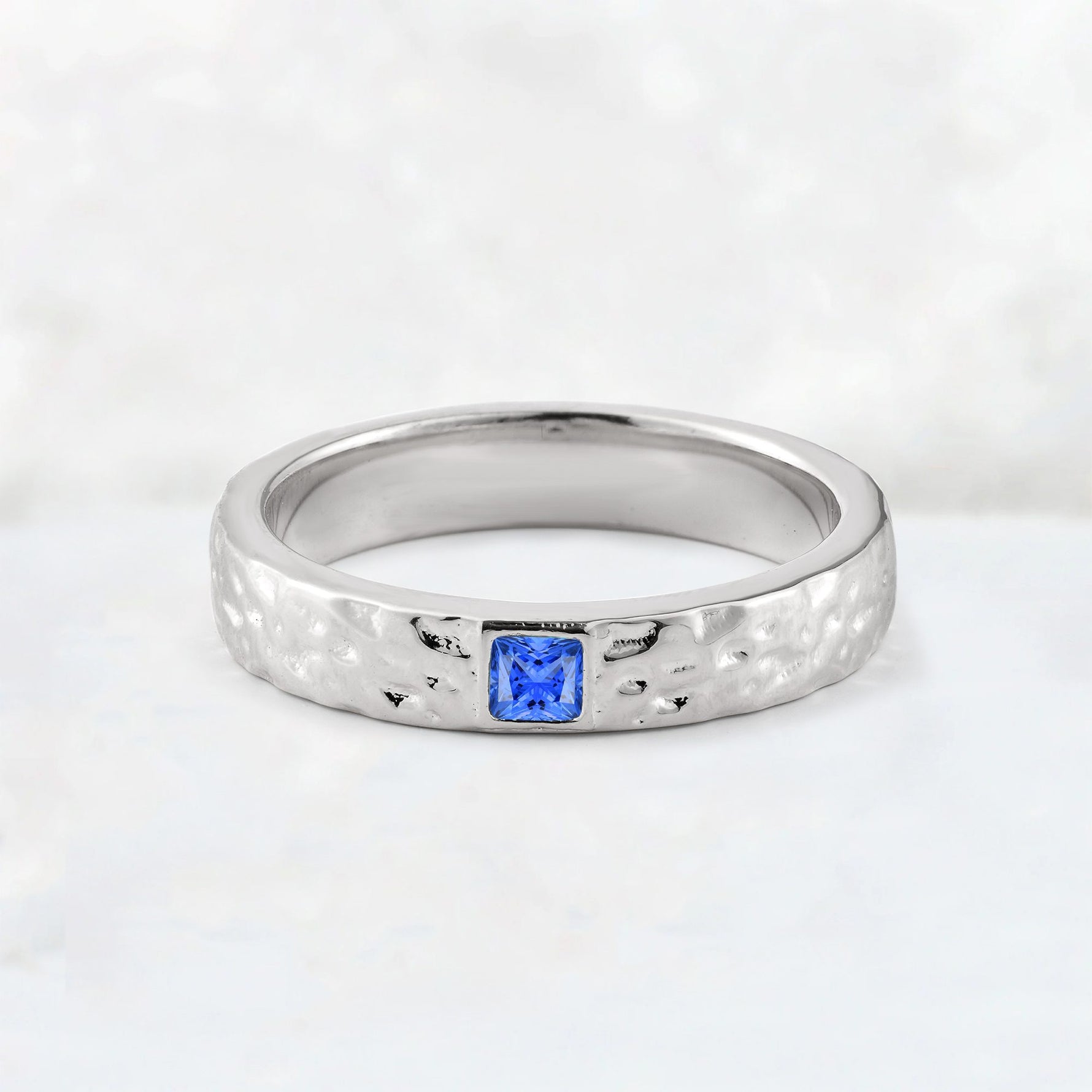 Princess Cut Sapphire Hammered Flush-Set Wedding Band - Additional view