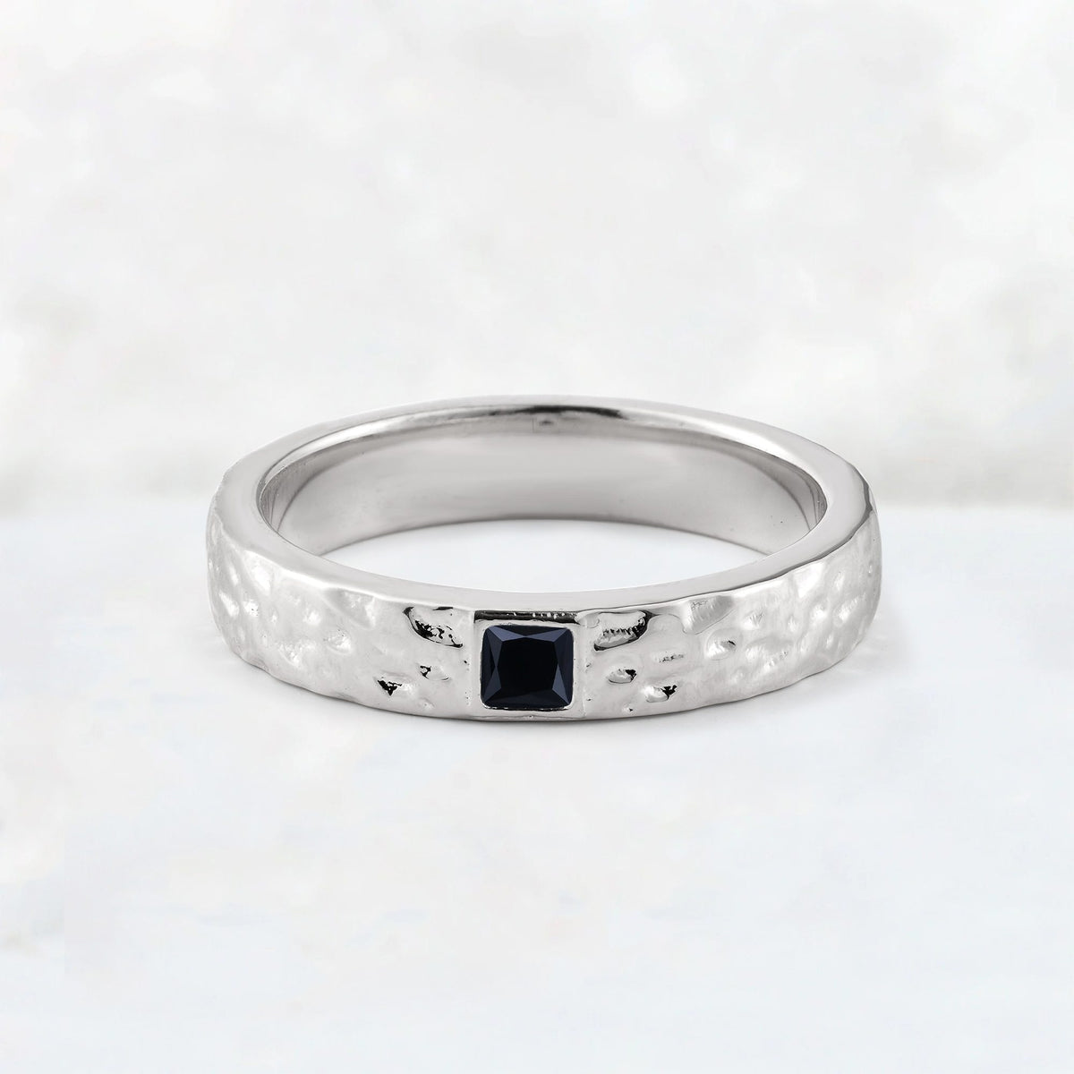 Princess Cut Black Onyx Hammered Flush-Set Wedding Band - Additional view