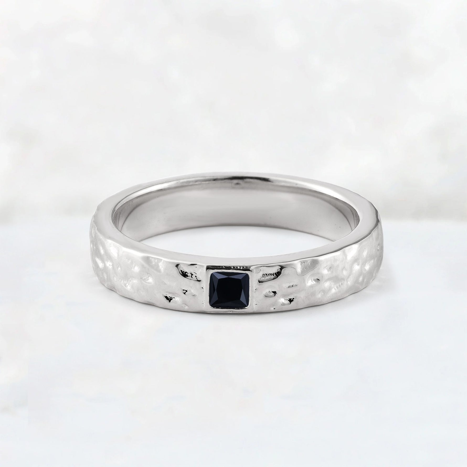 Princess Cut Black Onyx Hammered Flush-Set Wedding Band - Additional view