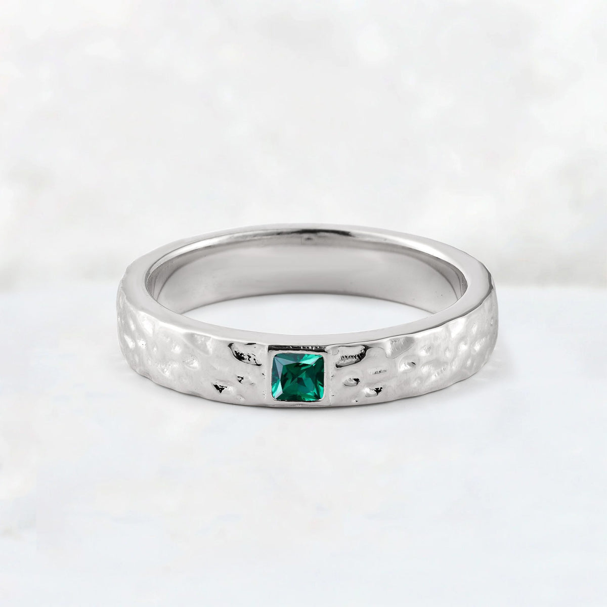 Princess Cut Emerald Hammered Flush-Set Wedding Band - Additional view