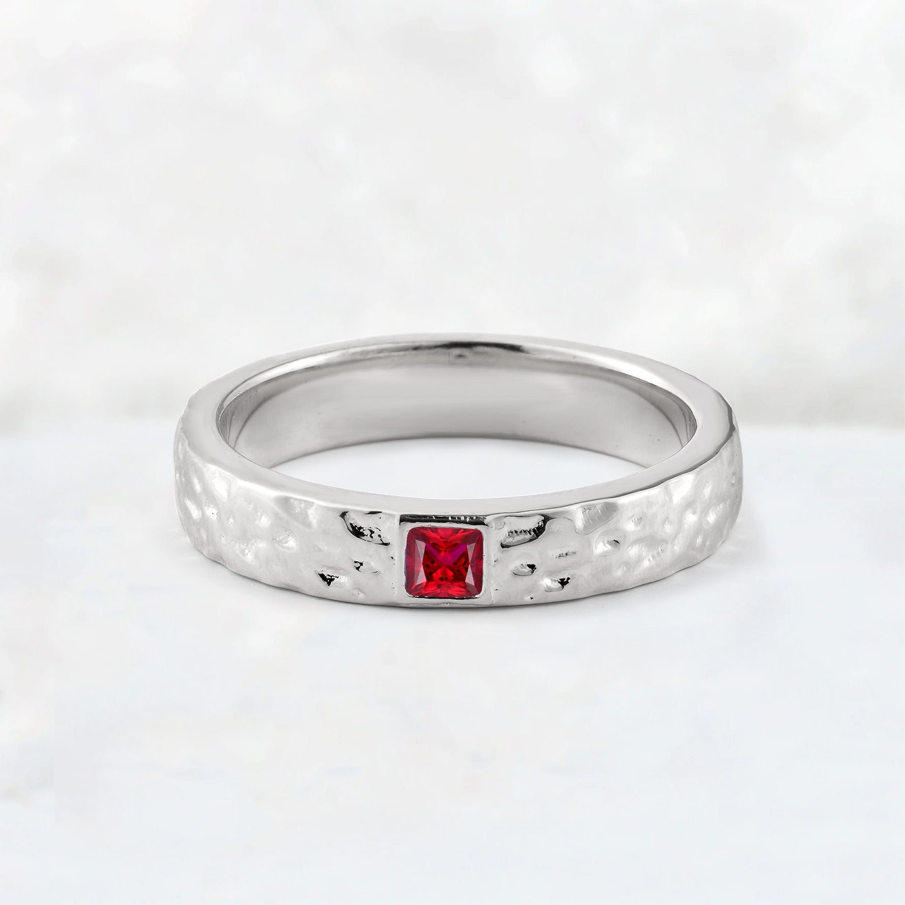 Princess Cut Ruby Hammered Flush-Set Wedding Band - Additional view