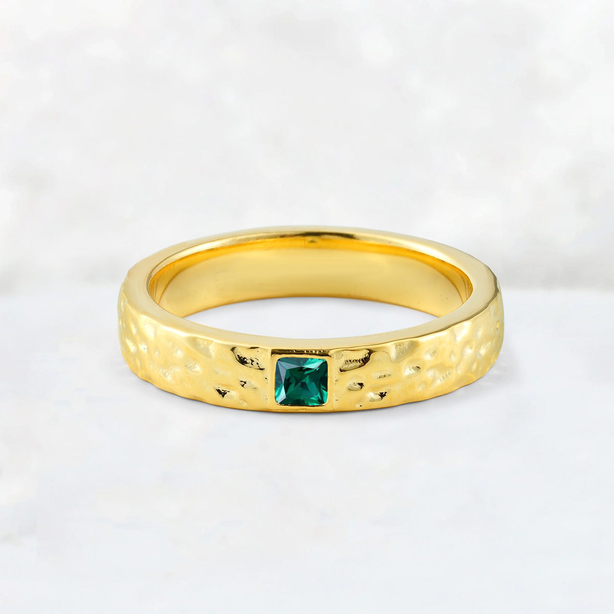Princess Cut Emerald Hammered Flush-Set Wedding Band - Additional view
