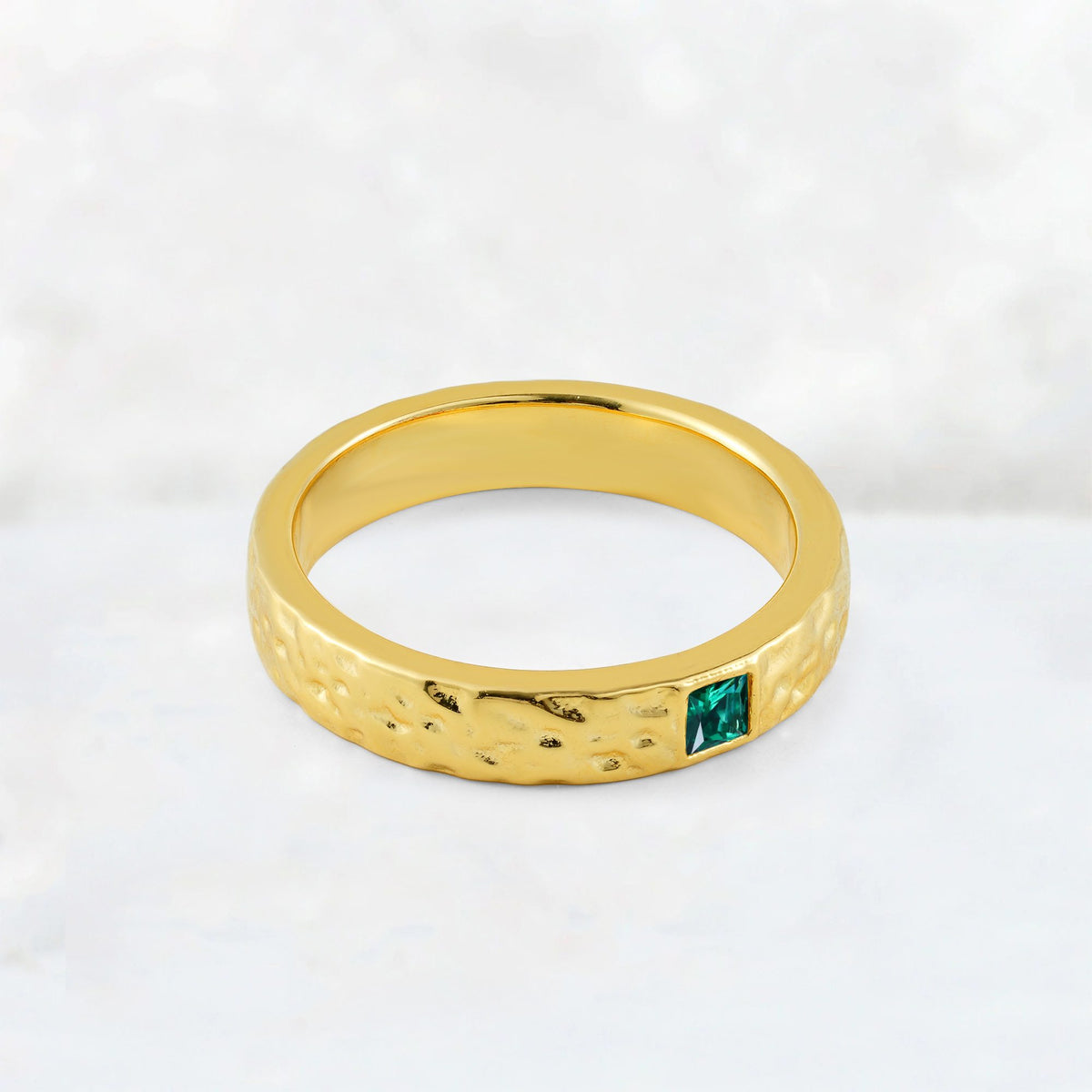 Princess Cut Emerald Hammered Flush-Set Wedding Band - Additional view