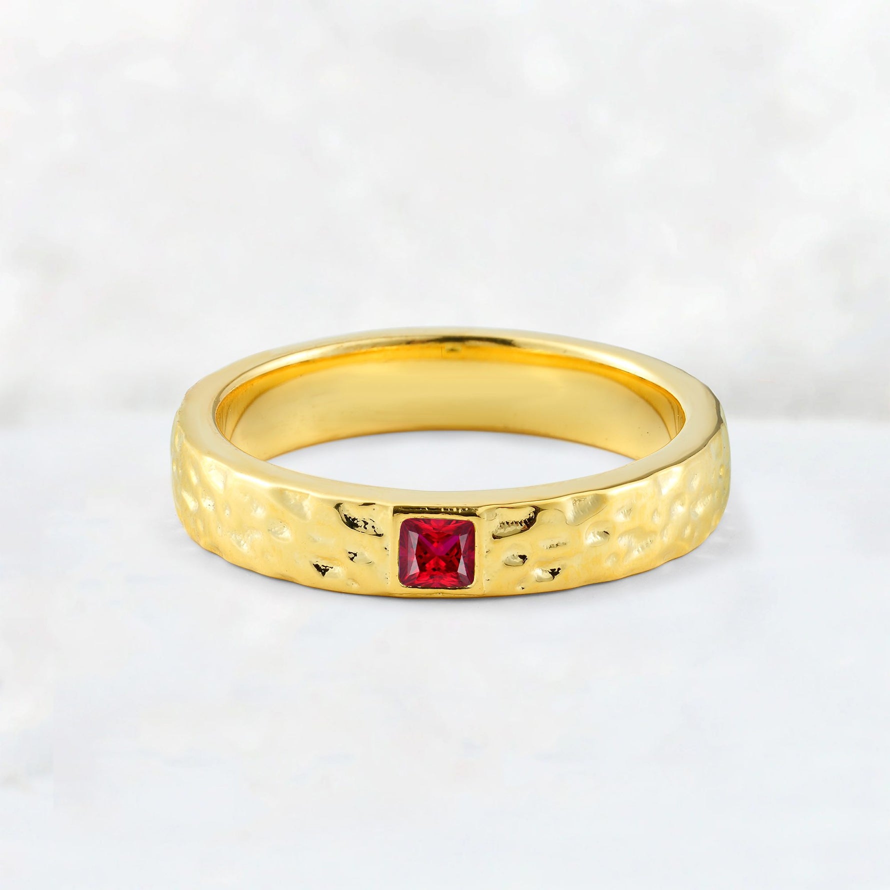 Princess Cut Ruby Hammered Flush-Set Wedding Band - Additional view