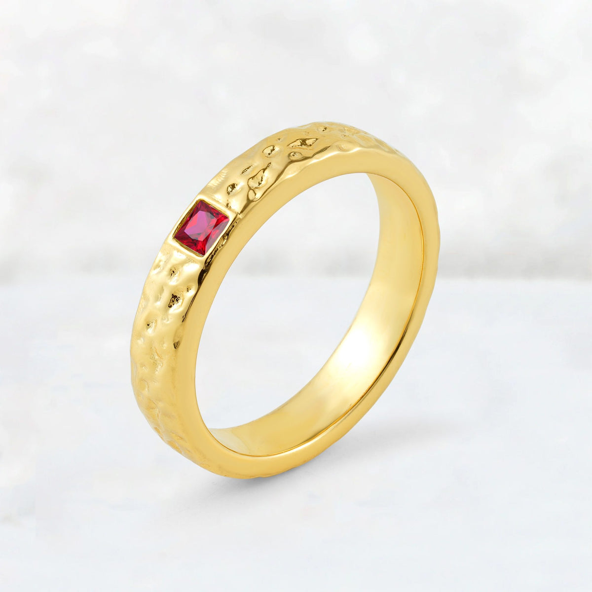 Princess Cut Ruby Hammered Flush-Set Wedding Band - Additional view