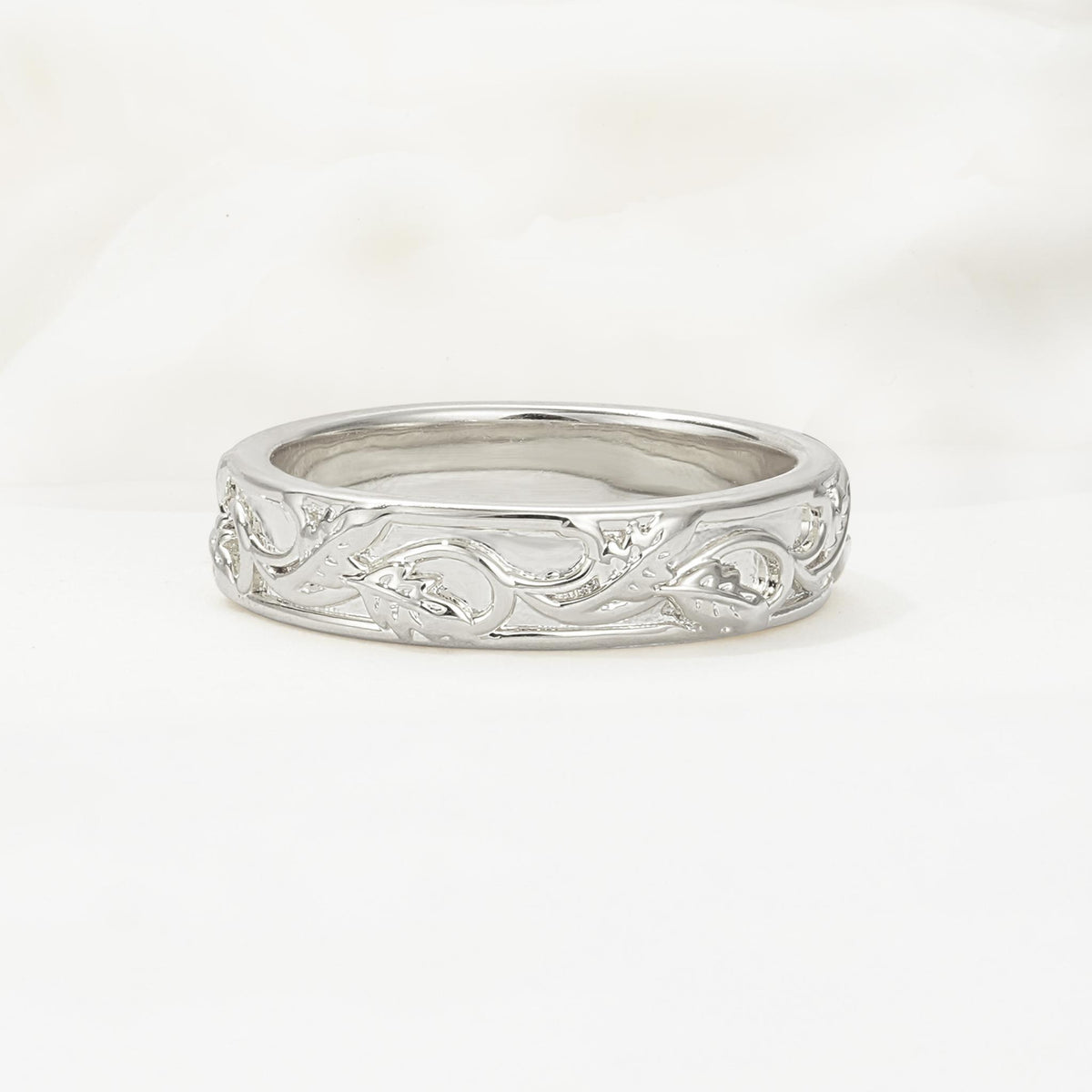 Nature-Inspired Engraved Leaf Vine Moissanite Wedding Band - Additional view